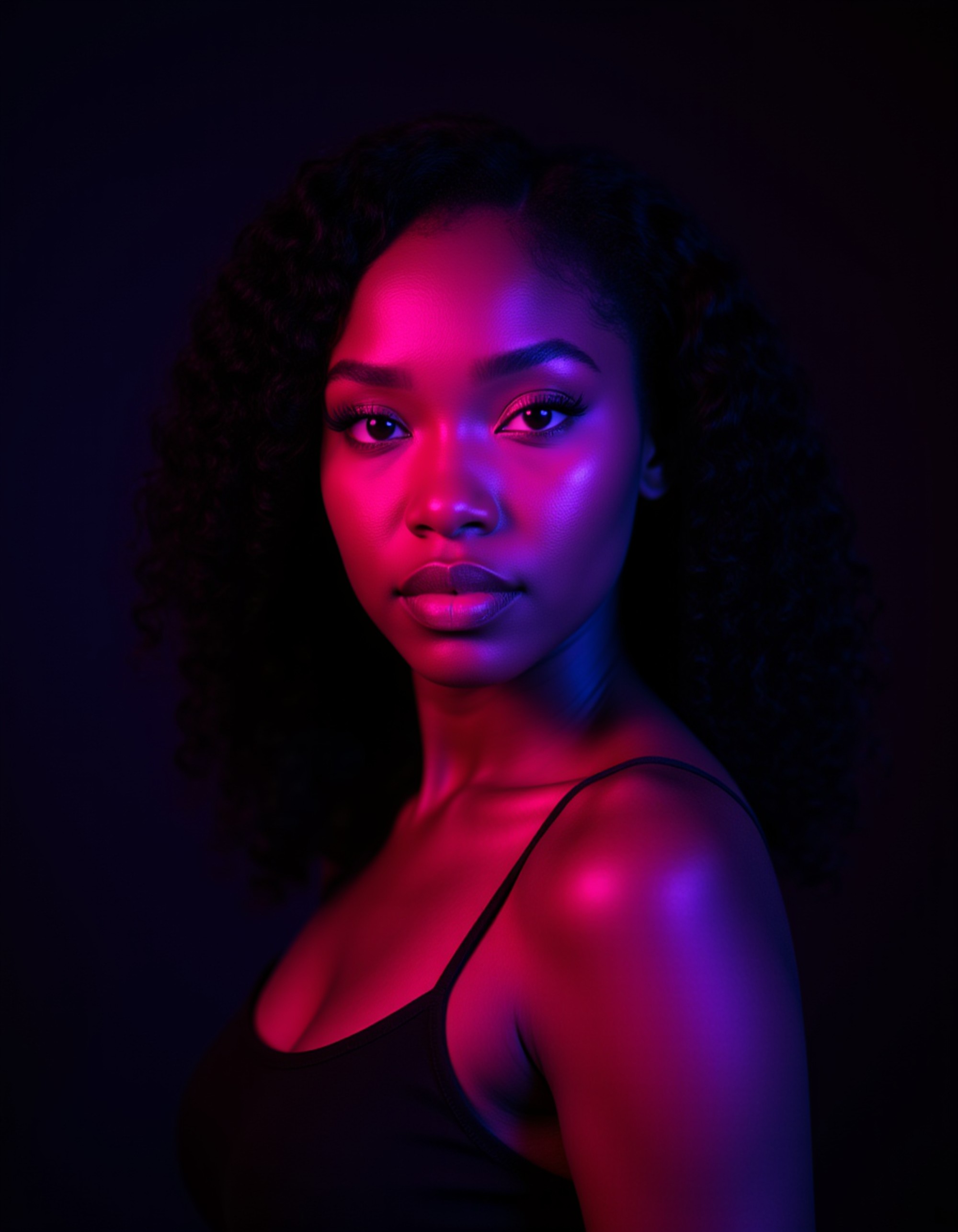 Studio portrait of a model with elegant features, illuminated by vibrant pink and cyan RGB gels creating a striking neon contrast across her face. She has a bold, confident expression with direct camera gaze. Wearing a sleek black top. Minimal dark background, cinematic and futuristic with electric color grading