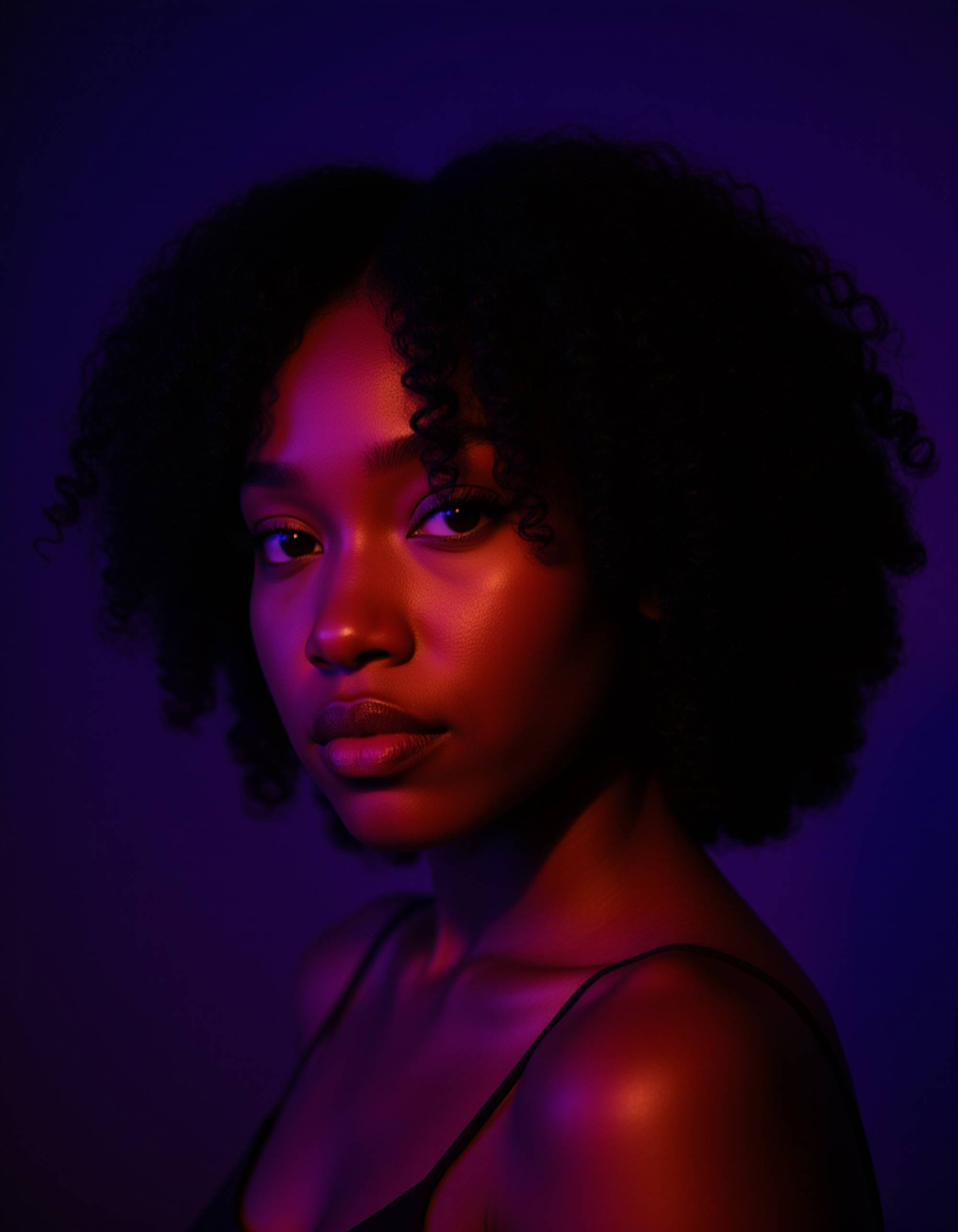 Close-up portrait of a model with tousled curls, bathed in overlapping orange and blue lighting that creates rich purple shadows and vibrant highlights. She looks to the side with a mysterious, alluring expression. Dark atmospheric background with soft depth of field, moody editorial aesthetic