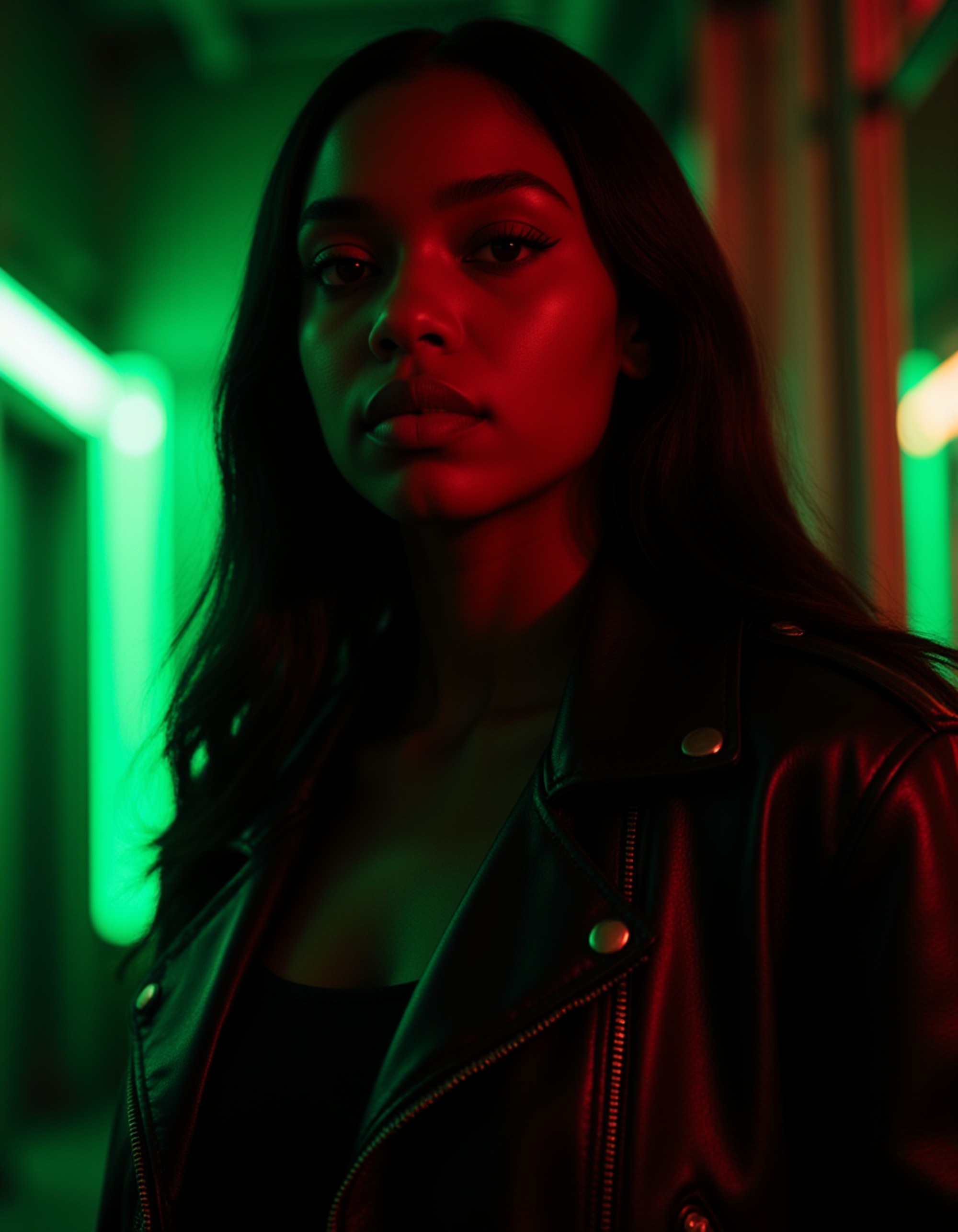 Dramatic portrait of a model in a black leather jacket, lit by intense green backlight while warm red key light illuminates her face from the front. She has piercing eyes and a slight tilt of her head. Strong color separation and rim lighting. Dark urban background, cyberpunk-inspired with noir undertones