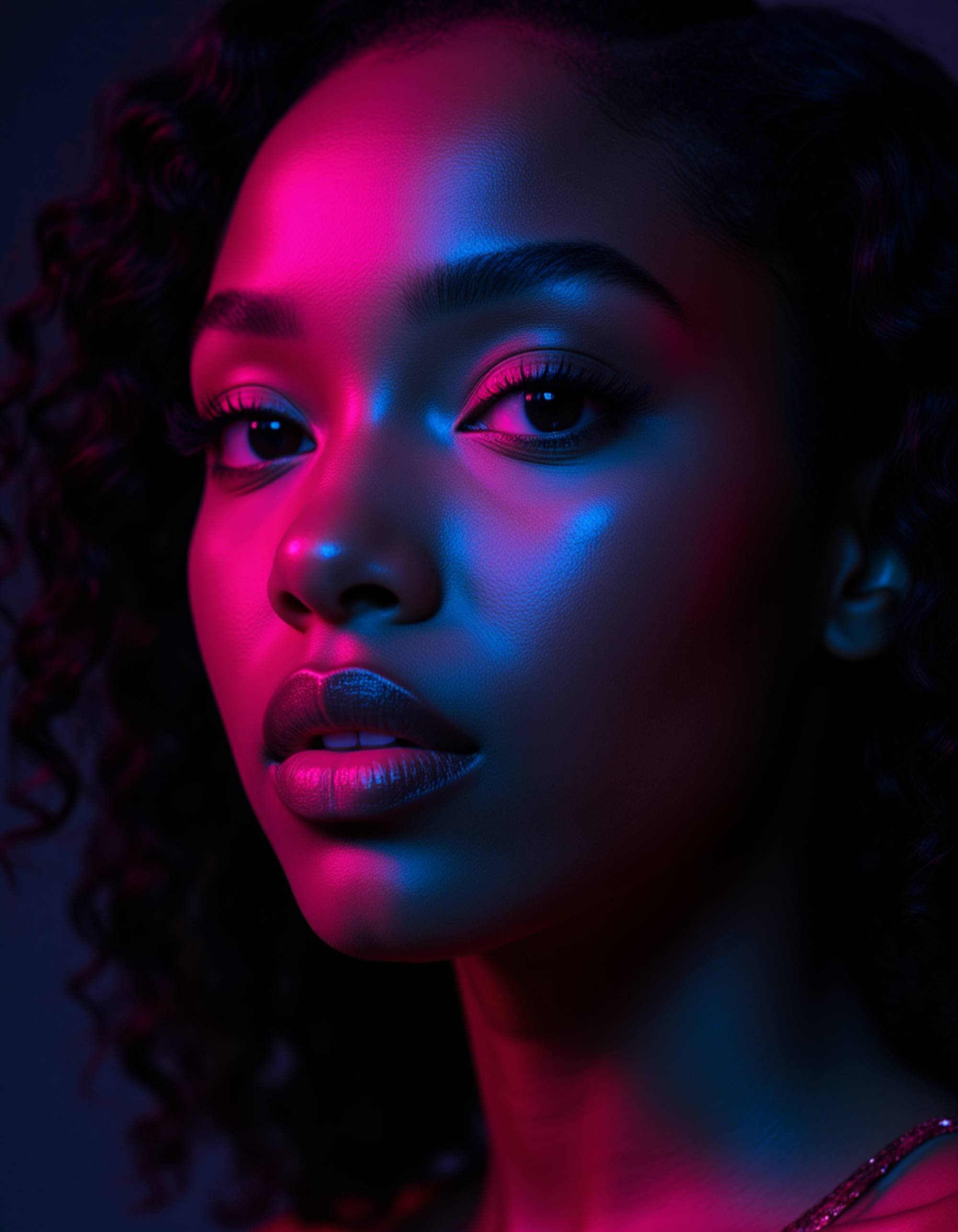 Close-up portrait of a model with sharp cheekbones and glossy skin, lit by vivid teal and magenta lighting creating electric contrast. She has an intense, seductive stare with lips slightly parted. Dewy makeup catches the colorful RGB light. Dark textured background, bold and striking with modern editorial styling
