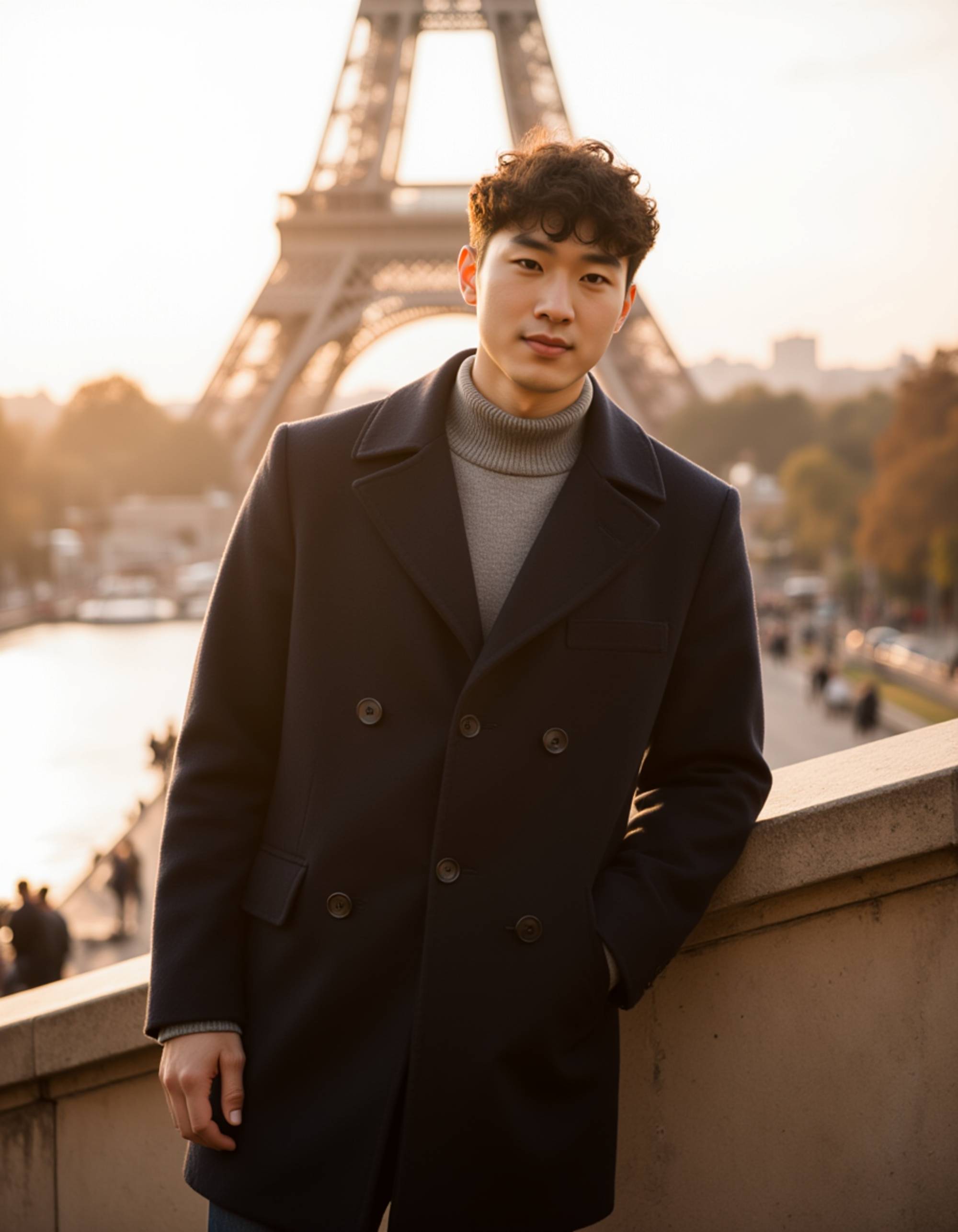 Portrait of a model standing in front of the Eiffel Tower at golden hour, soft warm sunlight illuminating his face. He wears a classic navy peacoat and has a relaxed, confident expression. The iconic iron lattice structure towers behind him with Parisian architecture visible in the background. Romantic European travel atmosphere with natural lighting and cinematic depth