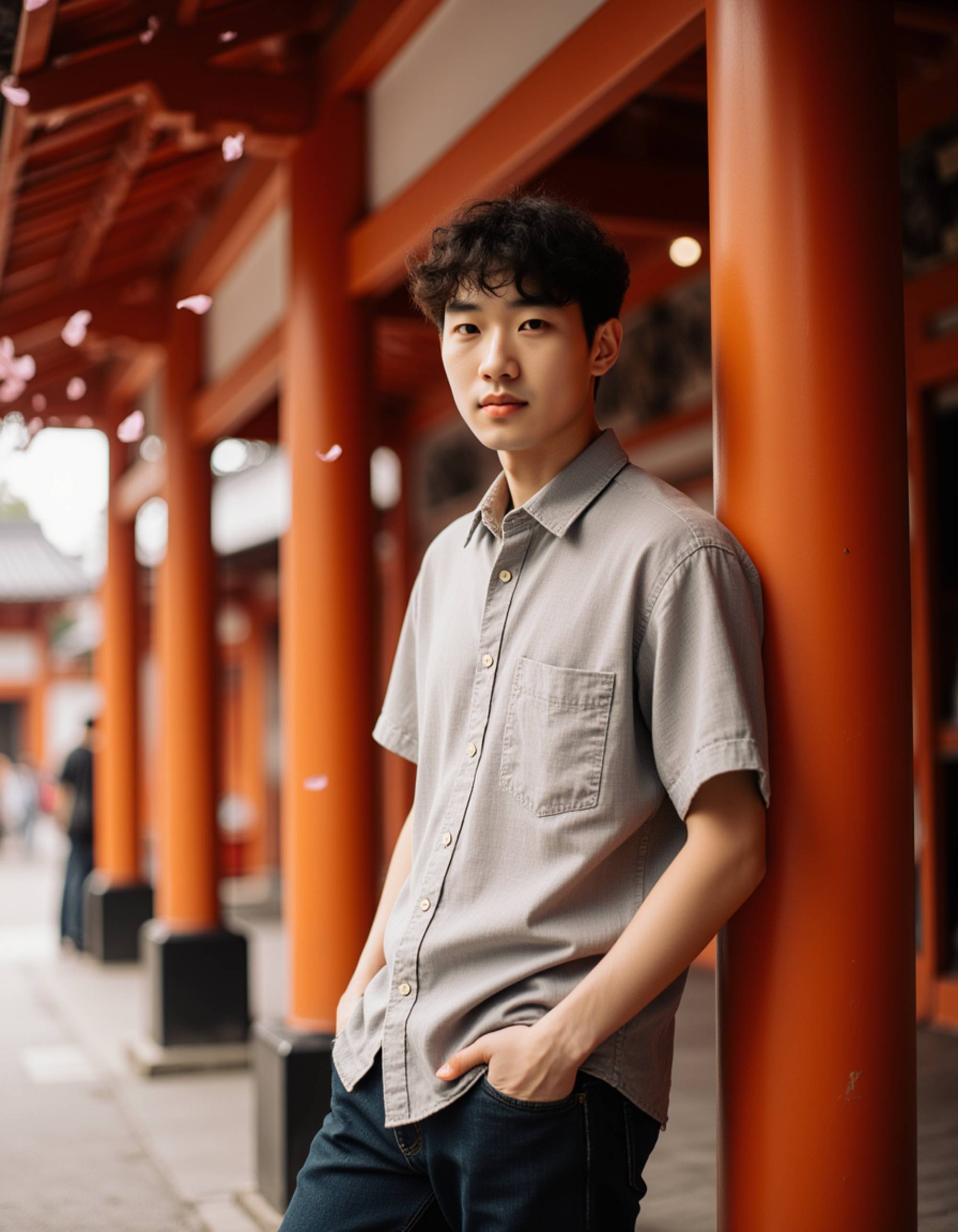 Model leaning against a colorful traditional wooden building in Kyoto, Japan, with vibrant red and orange temple architecture in the background. He wears a casual linen shirt and has a contemplative expression. Cherry blossom petals drift in the air. Soft diffused natural light, authentic cultural atmosphere with Asian architectural details