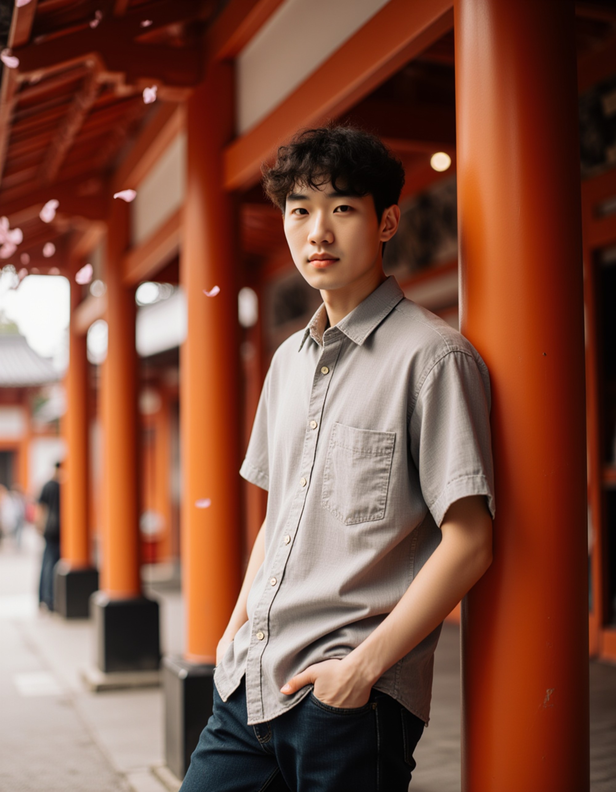 Model leaning against a colorful traditional wooden building in Kyoto, Japan, with vibrant red and orange temple architecture in the background. He wears a casual linen shirt and has a contemplative expression. Cherry blossom petals drift in the air. Soft diffused natural light, authentic cultural atmosphere with Asian architectural details