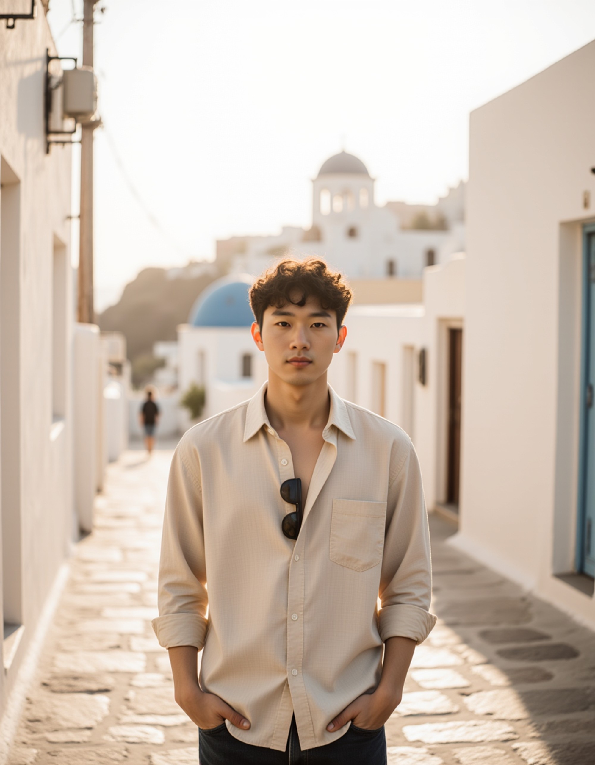 Portrait of a model walking through a narrow cobblestone alley in Santorini, Greece, with iconic white-washed buildings and bright blue domed churches in the background. He wears a light summer shirt and sunglasses tucked into his collar. Mediterranean golden hour lighting, warm and inviting coastal European aesthetic