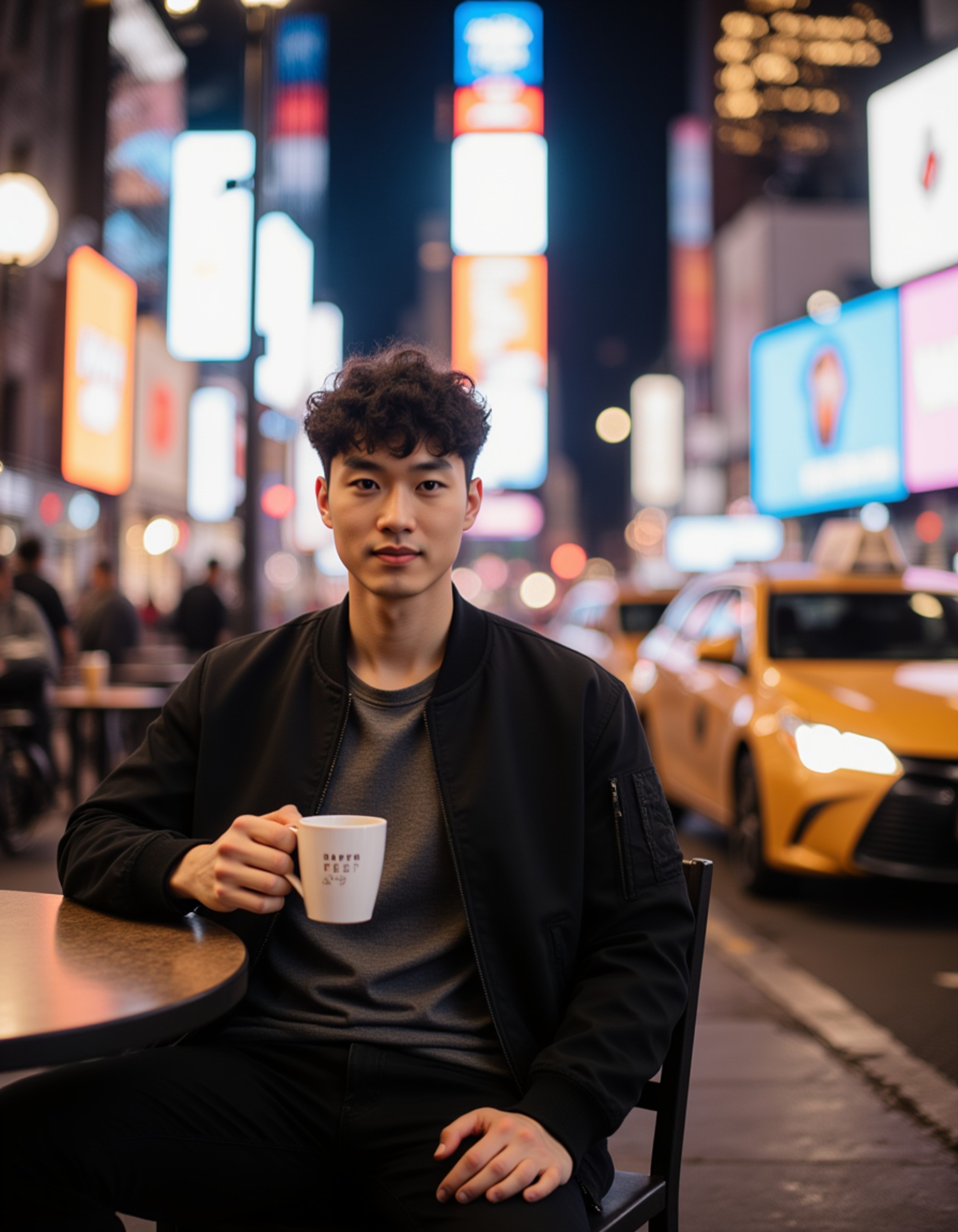 Model sitting at a café table in Times Square, New York City, with vibrant neon billboards and iconic yellow cabs blurred in the background. He wears a casual bomber jacket and has an urban, confident expression while holding a coffee cup. Dynamic city energy with bokeh lights, modern American travel photography