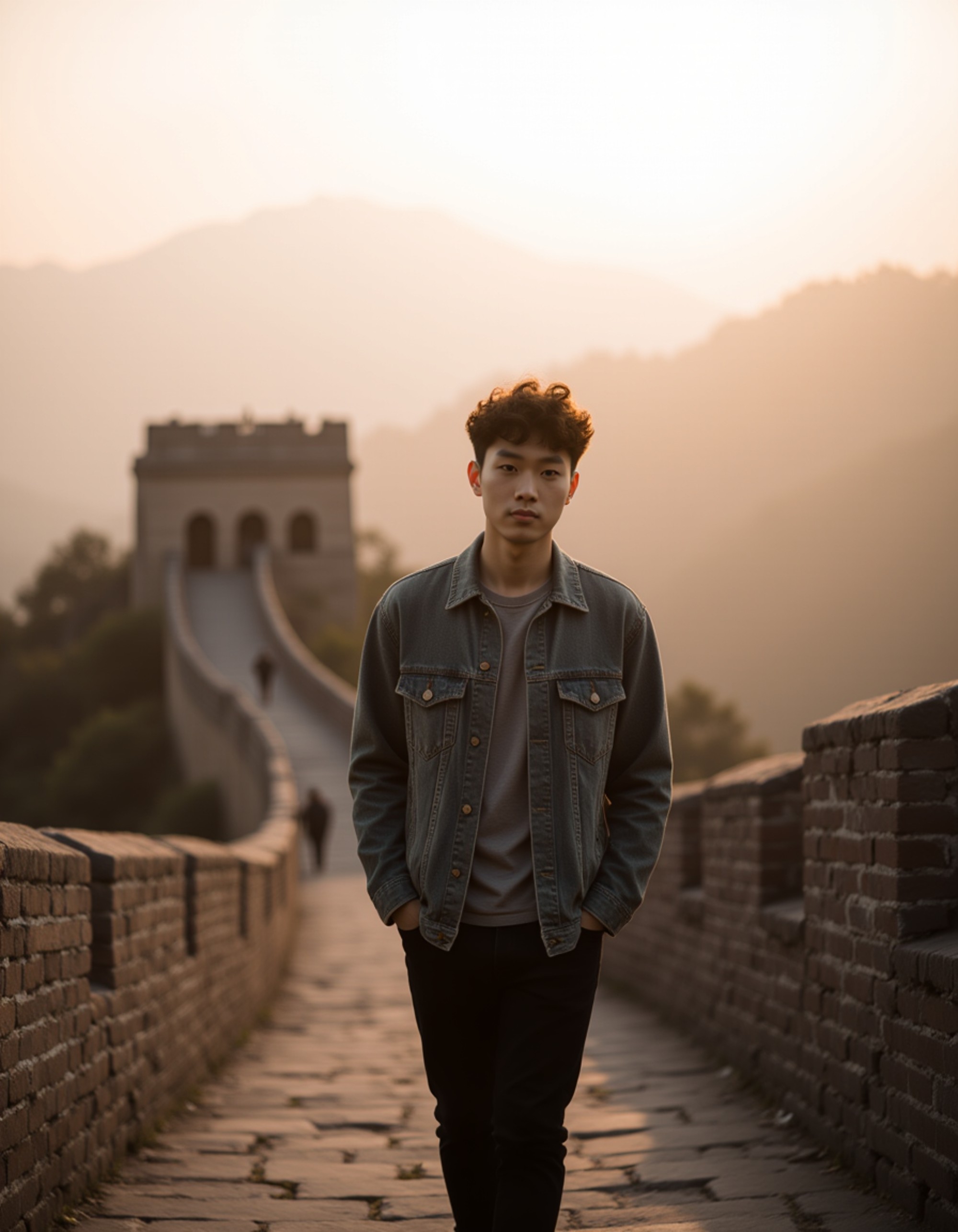 Portrait of a model standing on the Great Wall of China at sunrise, ancient stone fortifications winding through misty mountains behind him. He wears a light jacket and gazes toward the horizon with an adventurous expression. Soft morning light with atmospheric haze, epic and historic travel photography aesthetic