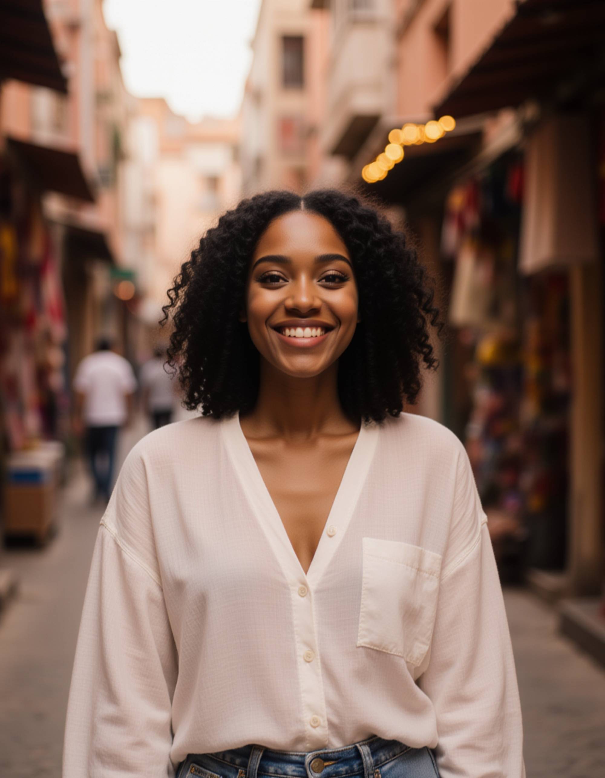 Model walking through a bustling Moroccan souk in Marrakech, colorful textiles and lanterns hanging in the background. She wears a light linen blouse and has windswept hair with an adventurous, joyful expression. Warm ambient lighting filters through the market canopy, vibrant cultural atmosphere with authentic architectural details