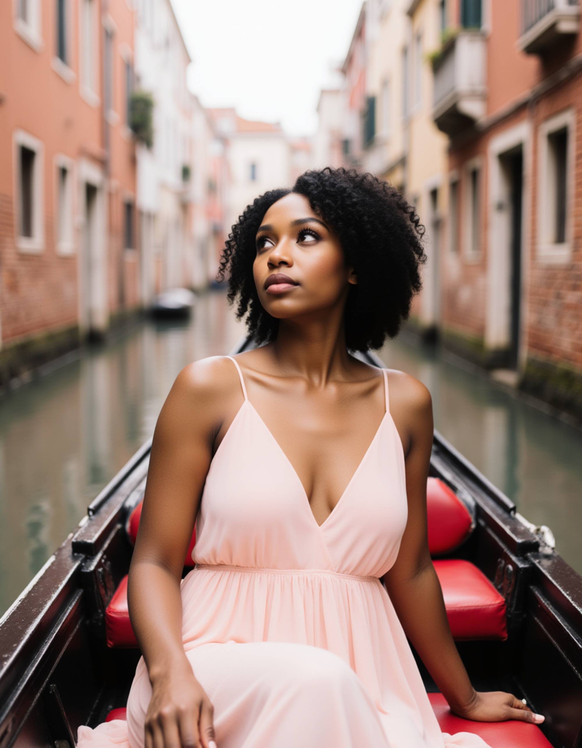 Portrait of a model on a gondola in Venice, Italy, with historic pastel-colored buildings and arched bridges along the canal behind her. She wears a elegant sundress and has a dreamy, romantic expression while trailing her hand in the water. Soft afternoon light, quintessential Italian travel photography with cinematic depth