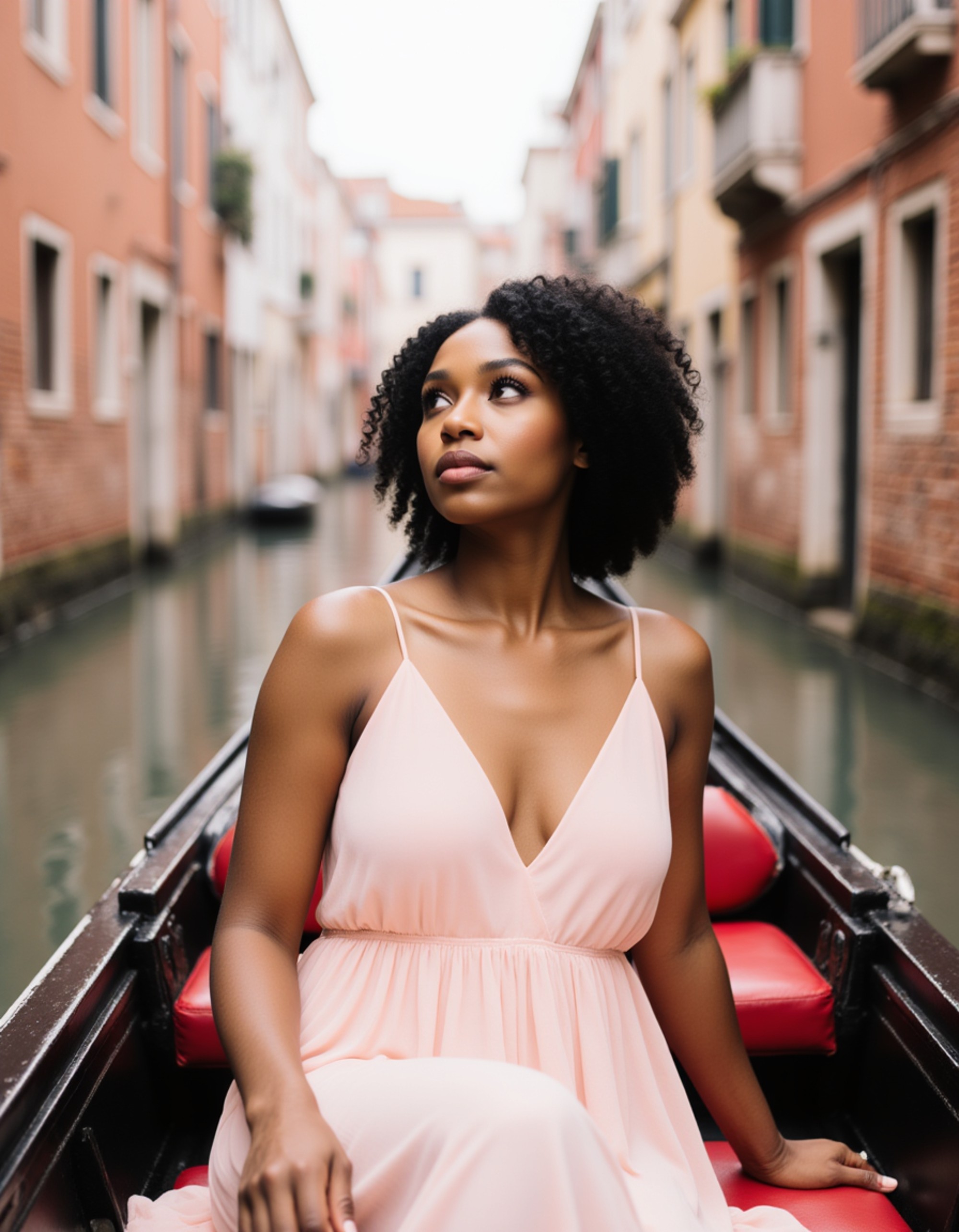 Portrait of a model on a gondola in Venice, Italy, with historic pastel-colored buildings and arched bridges along the canal behind her. She wears a elegant sundress and has a dreamy, romantic expression while trailing her hand in the water. Soft afternoon light, quintessential Italian travel photography with cinematic depth