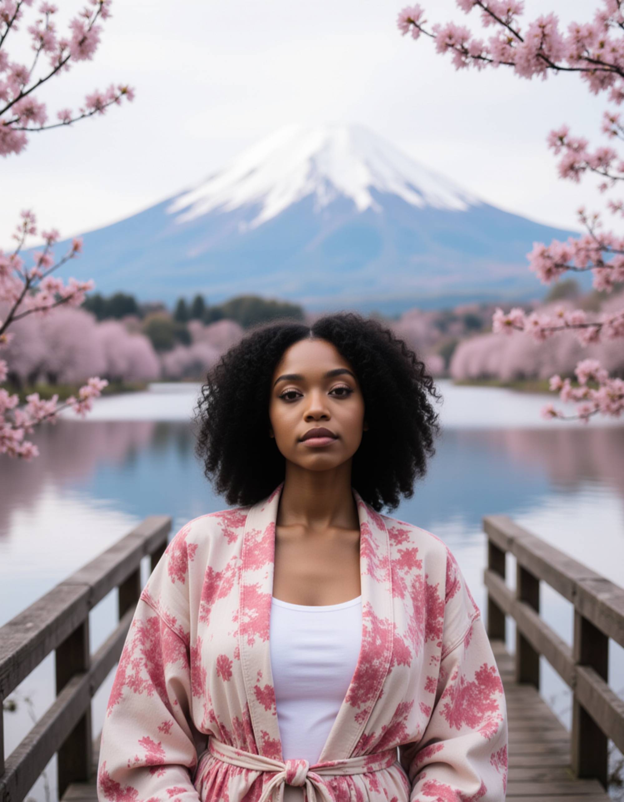 Model standing on a wooden bridge in front of Mount Fuji, Japan, with the snow-capped peak reflected in a tranquil lake. She wears a casual kimono-inspired jacket and has a peaceful, contemplative expression. Cherry blossoms frame the scene. Soft natural lighting with misty atmospheric background, serene Japanese landscape aesthetic