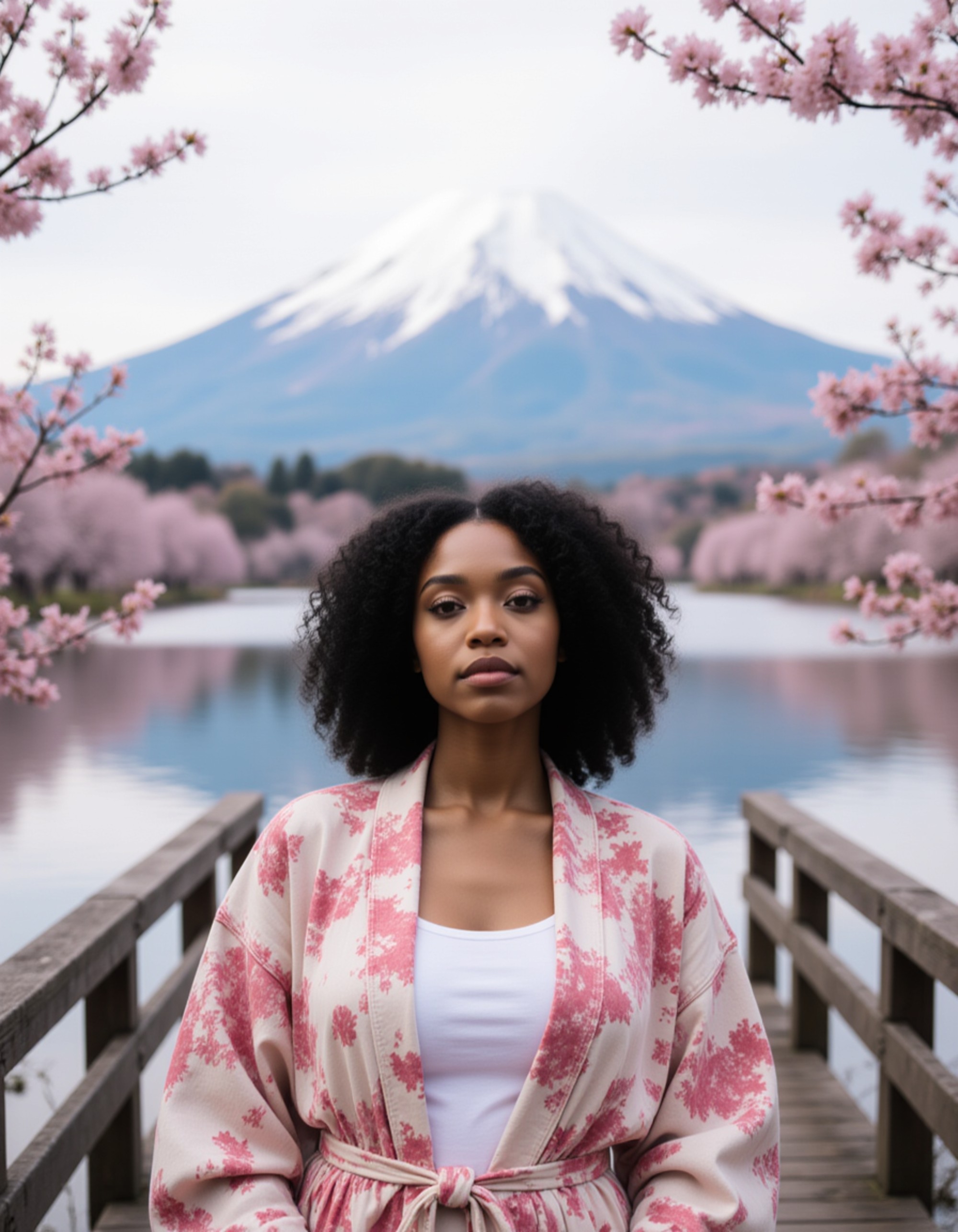 Model standing on a wooden bridge in front of Mount Fuji, Japan, with the snow-capped peak reflected in a tranquil lake. She wears a casual kimono-inspired jacket and has a peaceful, contemplative expression. Cherry blossoms frame the scene. Soft natural lighting with misty atmospheric background, serene Japanese landscape aesthetic