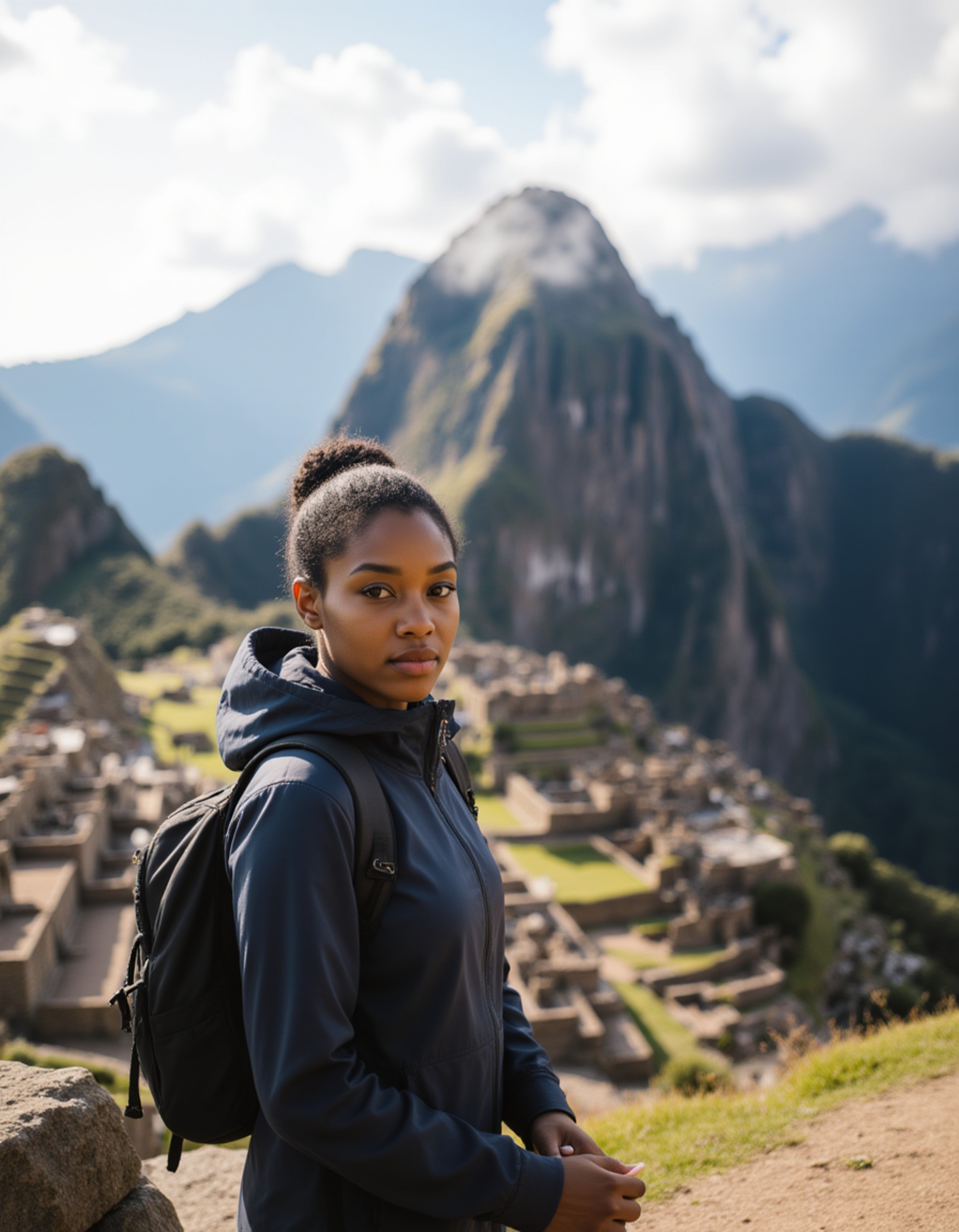 Portrait of a model at Machu Picchu, Peru, with ancient Incan stone ruins and dramatic mountain peaks in the background. She wears adventure travel clothing and has an awestruck expression gazing at the historic site. Morning light breaking through clouds, epic South American travel photography with cultural and architectural grandeur