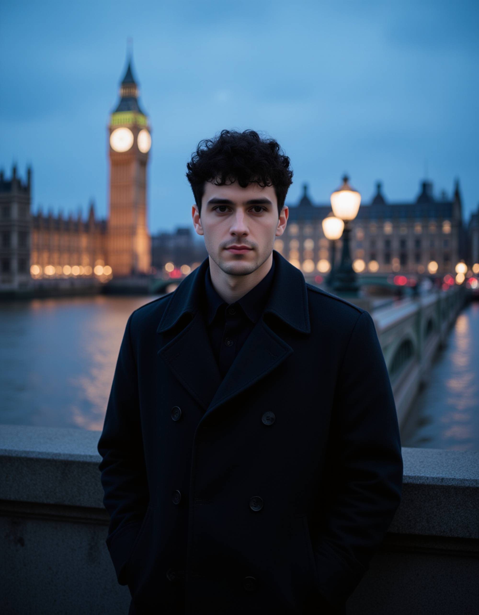 Portrait of a model standing on Westminster Bridge in London with Big Ben and the Houses of Parliament in the background during blue hour. He wears a tailored trench coat and has a sophisticated, confident expression. The Thames River reflects the city lights. Moody British travel atmosphere with cinematic twilight lighting