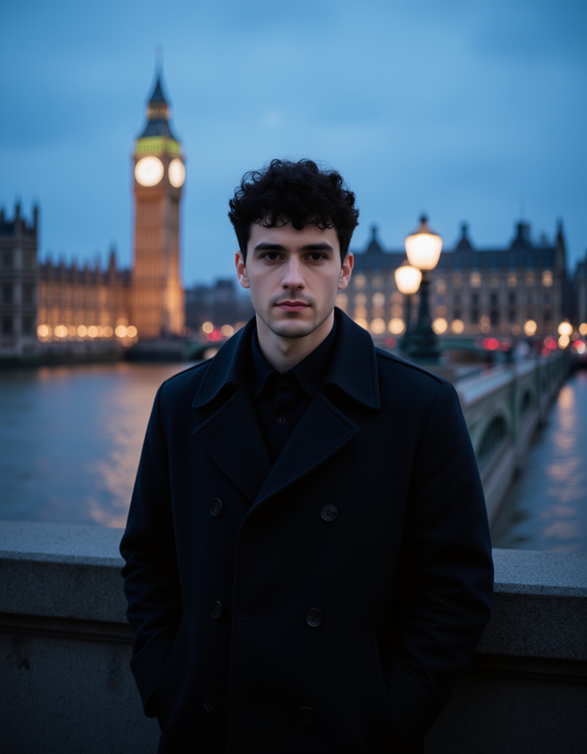 Portrait of a model standing on Westminster Bridge in London with Big Ben and the Houses of Parliament in the background during blue hour. He wears a tailored trench coat and has a sophisticated, confident expression. The Thames River reflects the city lights. Moody British travel atmosphere with cinematic twilight lighting