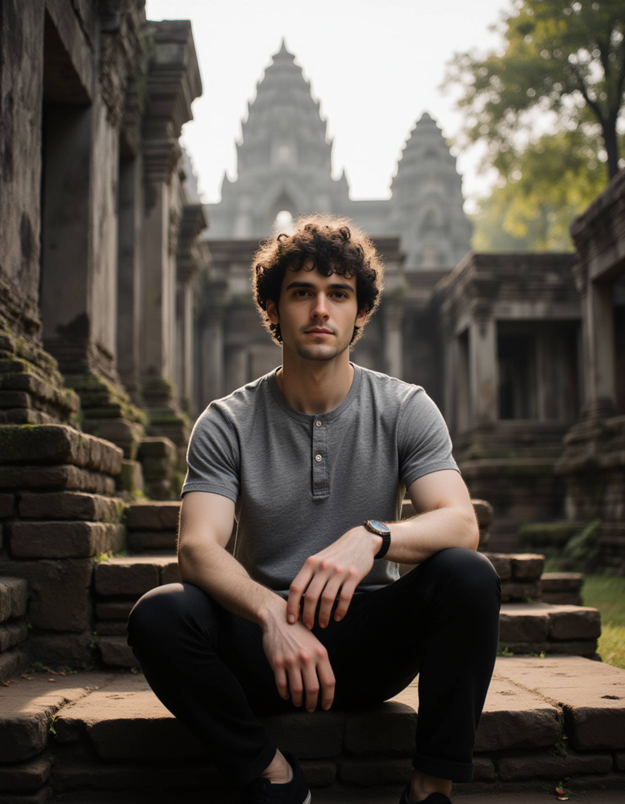 Model sitting on ancient stone steps at Angkor Wat temple complex in Cambodia, with intricate carved architecture and tropical jungle growth visible behind him. He wears a casual henley shirt and has an exploratory, thoughtful expression. Dappled morning sunlight filtering through trees, mystical Southeast Asian travel aesthetic
