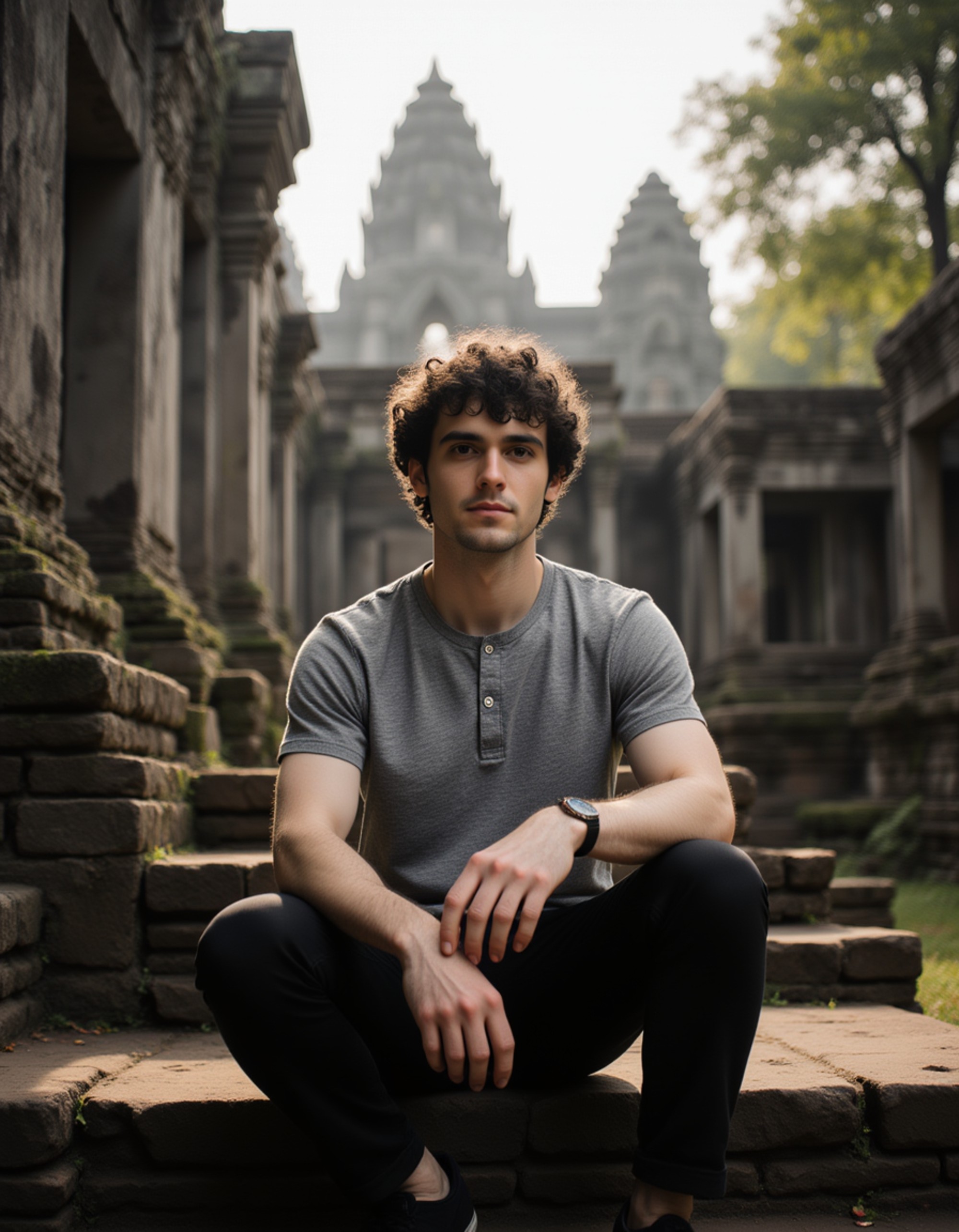 Model sitting on ancient stone steps at Angkor Wat temple complex in Cambodia, with intricate carved architecture and tropical jungle growth visible behind him. He wears a casual henley shirt and has an exploratory, thoughtful expression. Dappled morning sunlight filtering through trees, mystical Southeast Asian travel aesthetic