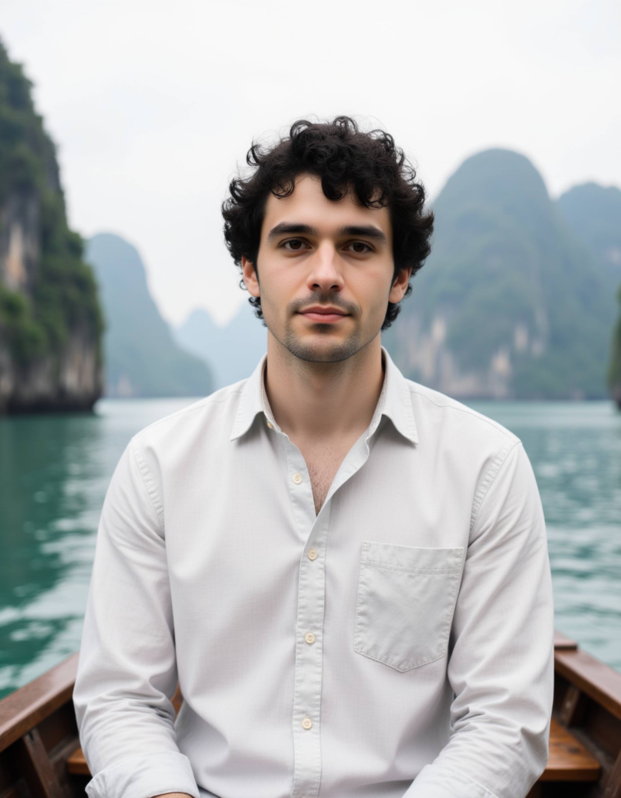 Portrait of a model on a boat in Ha Long Bay, Vietnam, with dramatic limestone karst formations rising from emerald waters in the background. He wears a light linen shirt unbuttoned at the collar and has a relaxed, adventurous expression. Soft overcast natural light, breathtaking Asian seascape with atmospheric mist