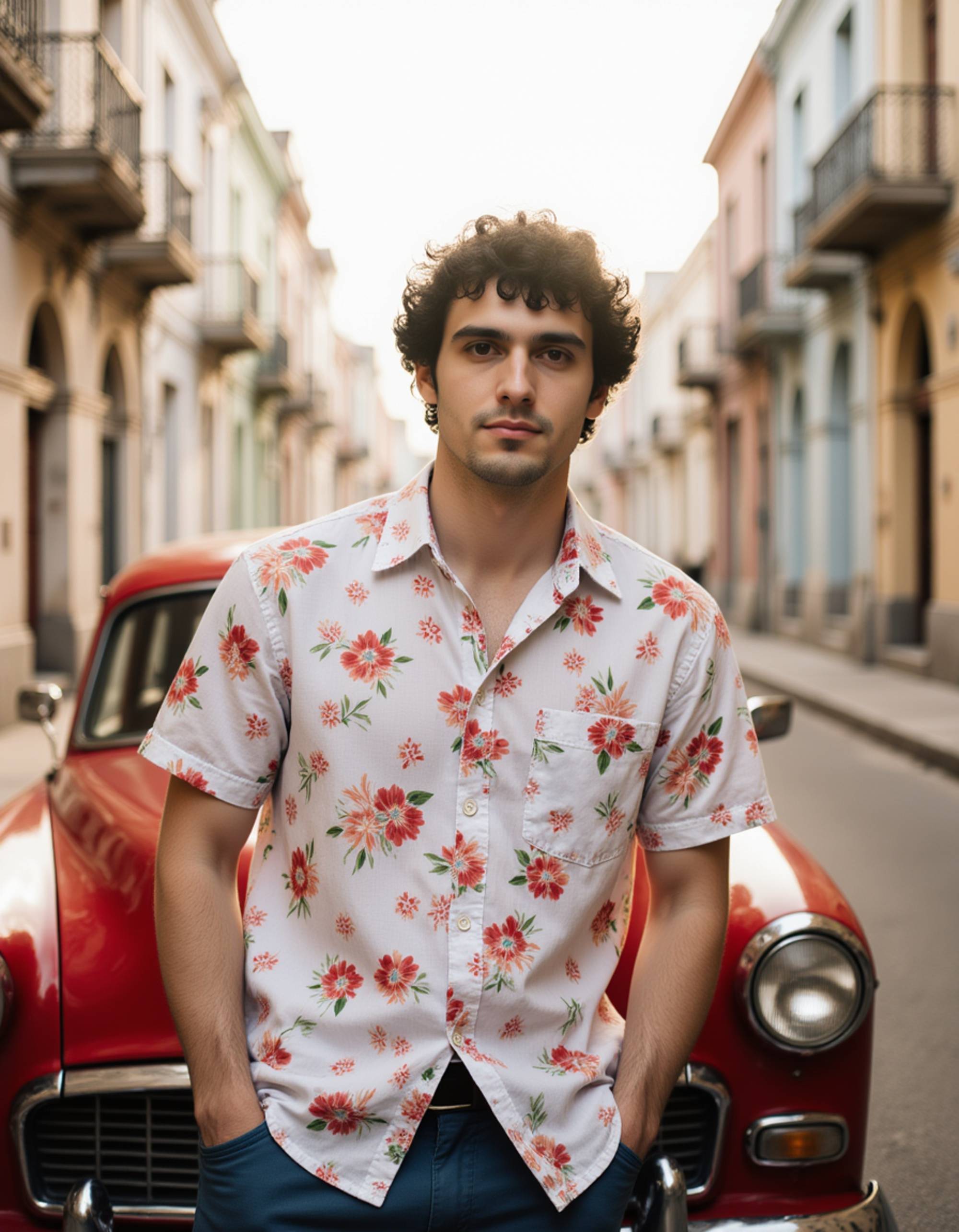 Model leaning against a vintage car in front of colorful colonial buildings in Havana, Cuba, with classic 1950s architecture and palm trees lining the street. He wears a guayabera shirt and has a cool, laid-back expression. Warm Caribbean afternoon light, vibrant Latin American cultural atmosphere