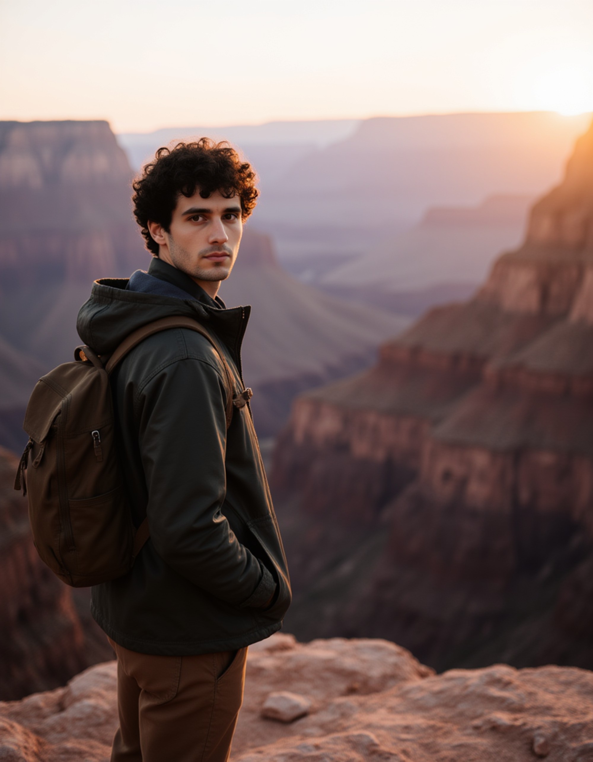 Portrait of a model standing at the edge of the Grand Canyon at sunset, with vast layered red rock formations stretching into the distance. He wears outdoor adventure gear and has an awestruck, contemplative expression gazing at the natural wonder. Golden hour light painting the canyon walls, epic American landscape travel photography