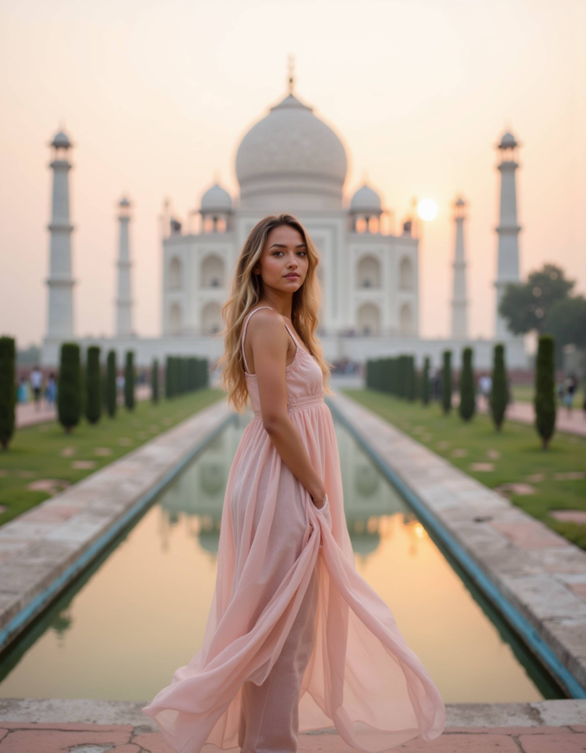 Portrait of a model standing in front of the Taj Mahal at sunrise, with the iconic white marble mausoleum and reflecting pools in the background. She wears a flowing pastel-colored dress and has a graceful, serene expression. Soft pink and golden morning light creates a romantic atmosphere, breathtaking Indian architectural wonder with ethereal travel photography aesthetic