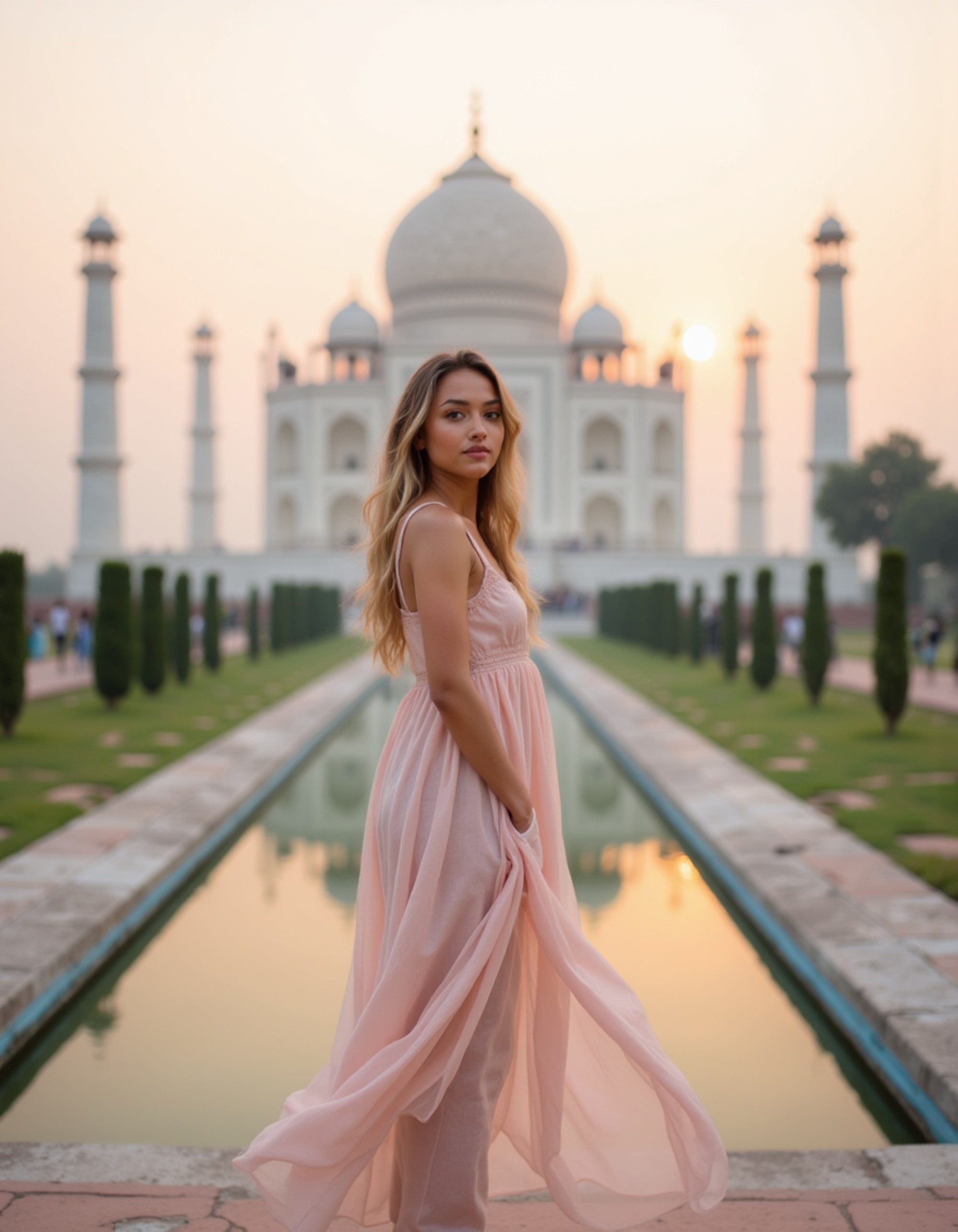 Portrait of a model standing in front of the Taj Mahal at sunrise, with the iconic white marble mausoleum and reflecting pools in the background. She wears a flowing pastel-colored dress and has a graceful, serene expression. Soft pink and golden morning light creates a romantic atmosphere, breathtaking Indian architectural wonder with ethereal travel photography aesthetic