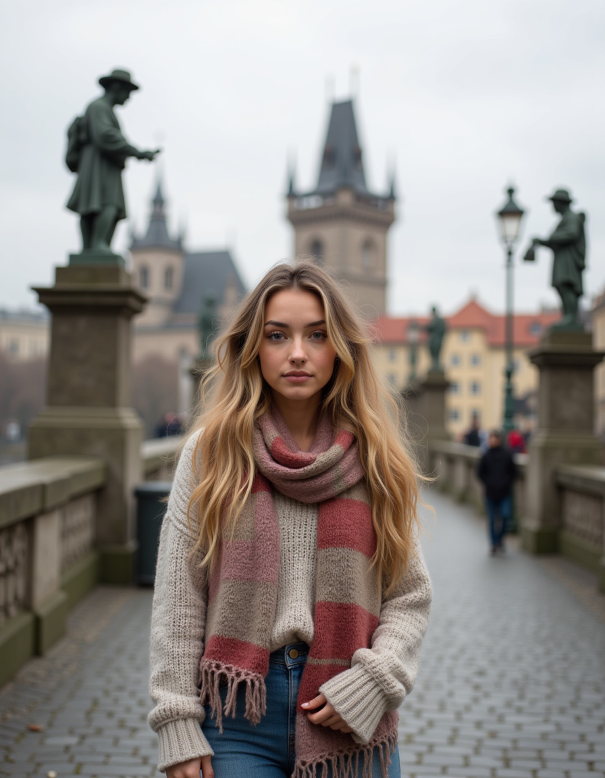 Model walking along the Charles Bridge in Prague, with historic Gothic towers and Baroque statues lining the stone bridge behind her. She wears a cozy knit sweater and scarf with autumn colors, hair gently blowing in the breeze. Soft overcast European light, charming Czech architectural atmosphere with cinematic depth
