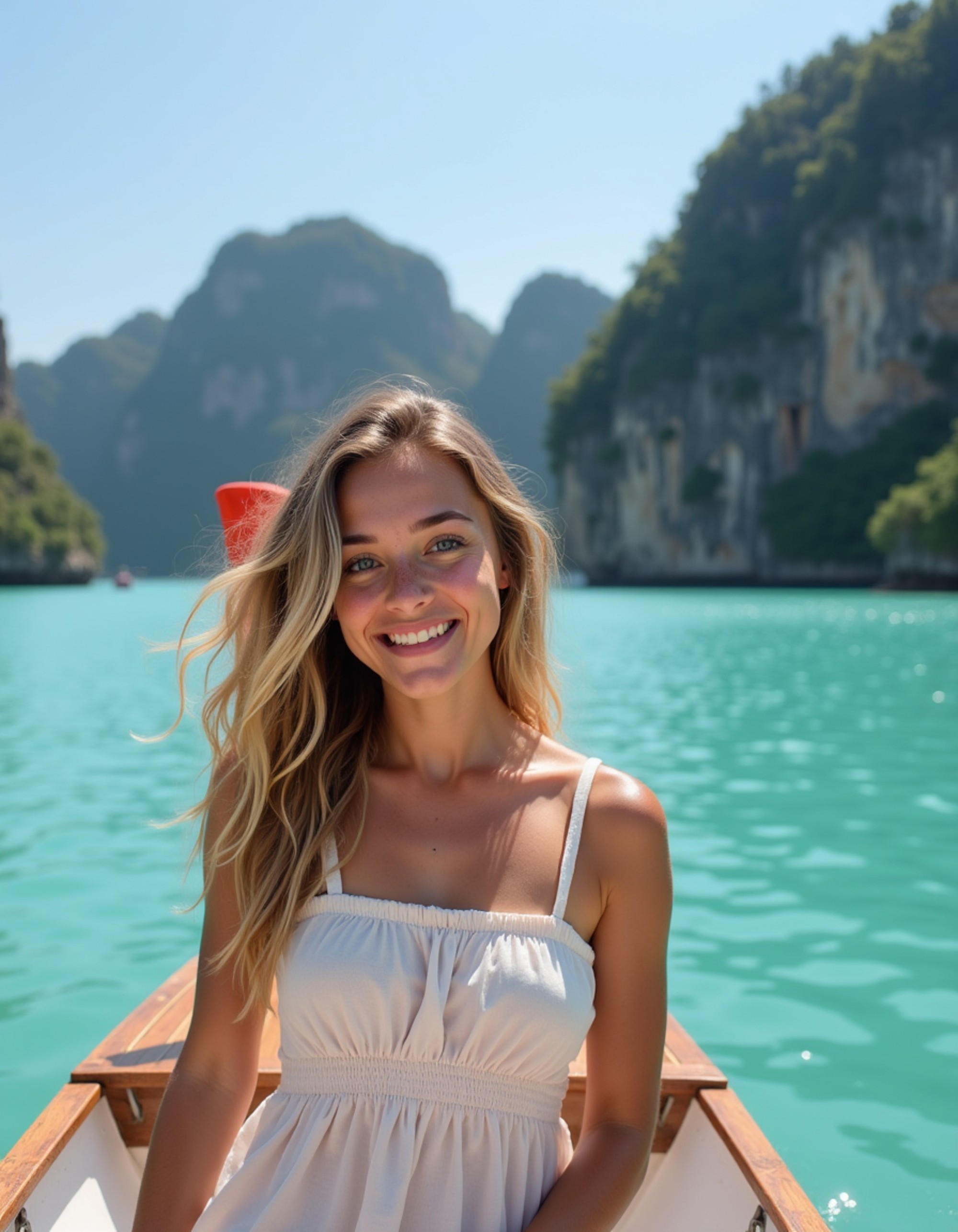 Portrait of a model on a traditional longtail boat in Thailand, with towering limestone cliffs and turquoise waters of Phi Phi Islands in the background. She wears a breezy summer dress and has a joyful, carefree expression with the ocean breeze in her hair. Brilliant tropical sunlight, vibrant Southeast Asian island paradise aesthetic