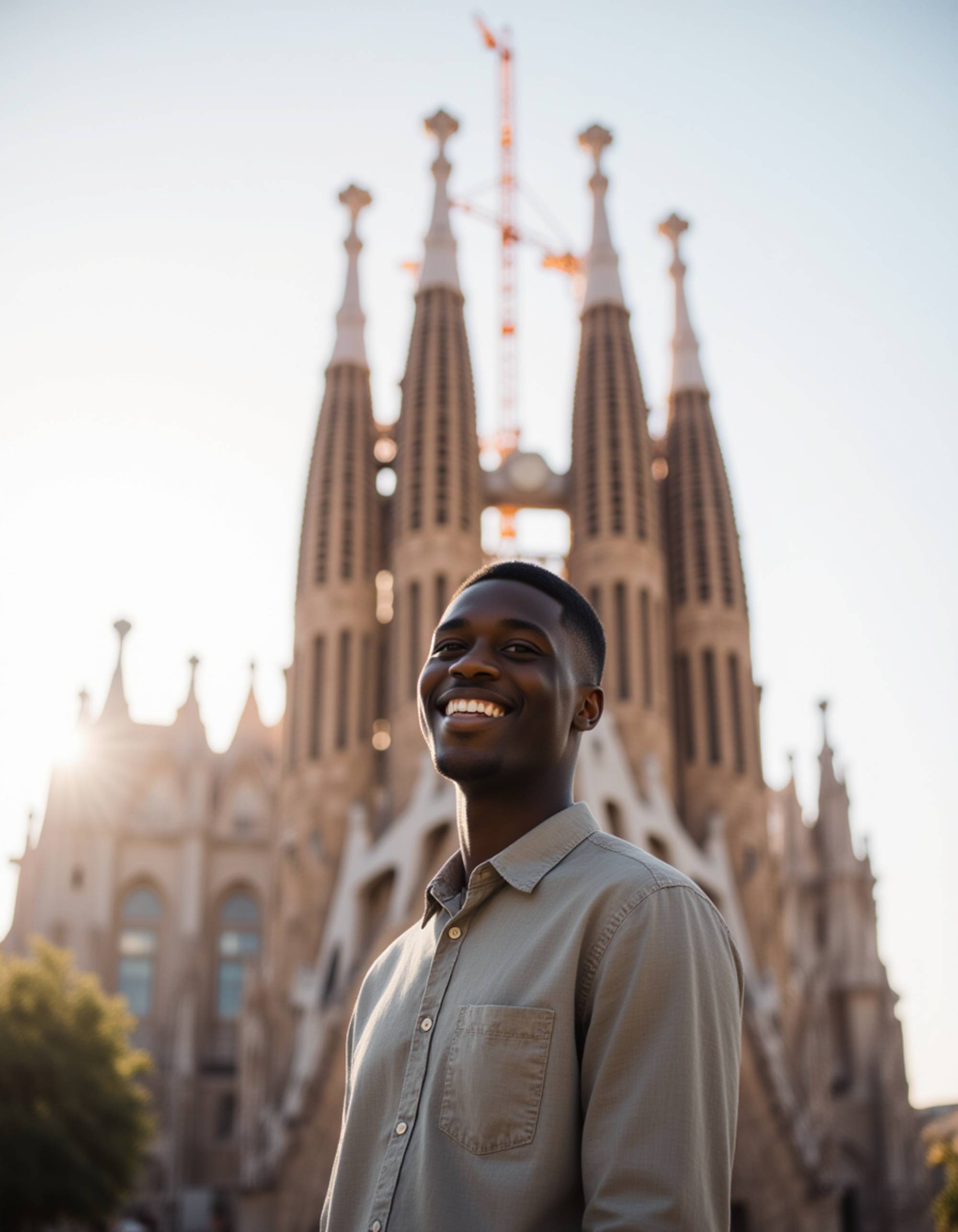 Portrait of a model standing in front of the Sagrada Familia in Barcelona, with Gaudí's iconic colorful mosaic spires and intricate Gothic architecture rising behind him. He wears a casual button-down shirt and has an appreciative, awestruck expression. Warm Spanish afternoon light, vibrant Catalonian travel atmosphere with artistic architectural details