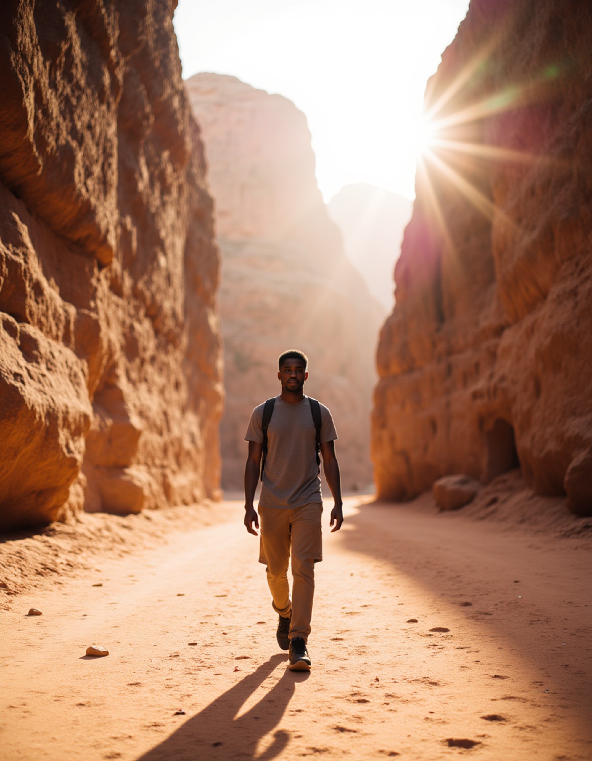 Model walking through the ancient ruins of Petra, Jordan, with the famous rose-red Treasury carved into sandstone cliffs in the background. He wears adventure travel attire and has an explorer's confident expression. Dramatic desert sunlight casting deep shadows on the ancient Nabataean architecture, epic Middle Eastern archaeological site aesthetic
