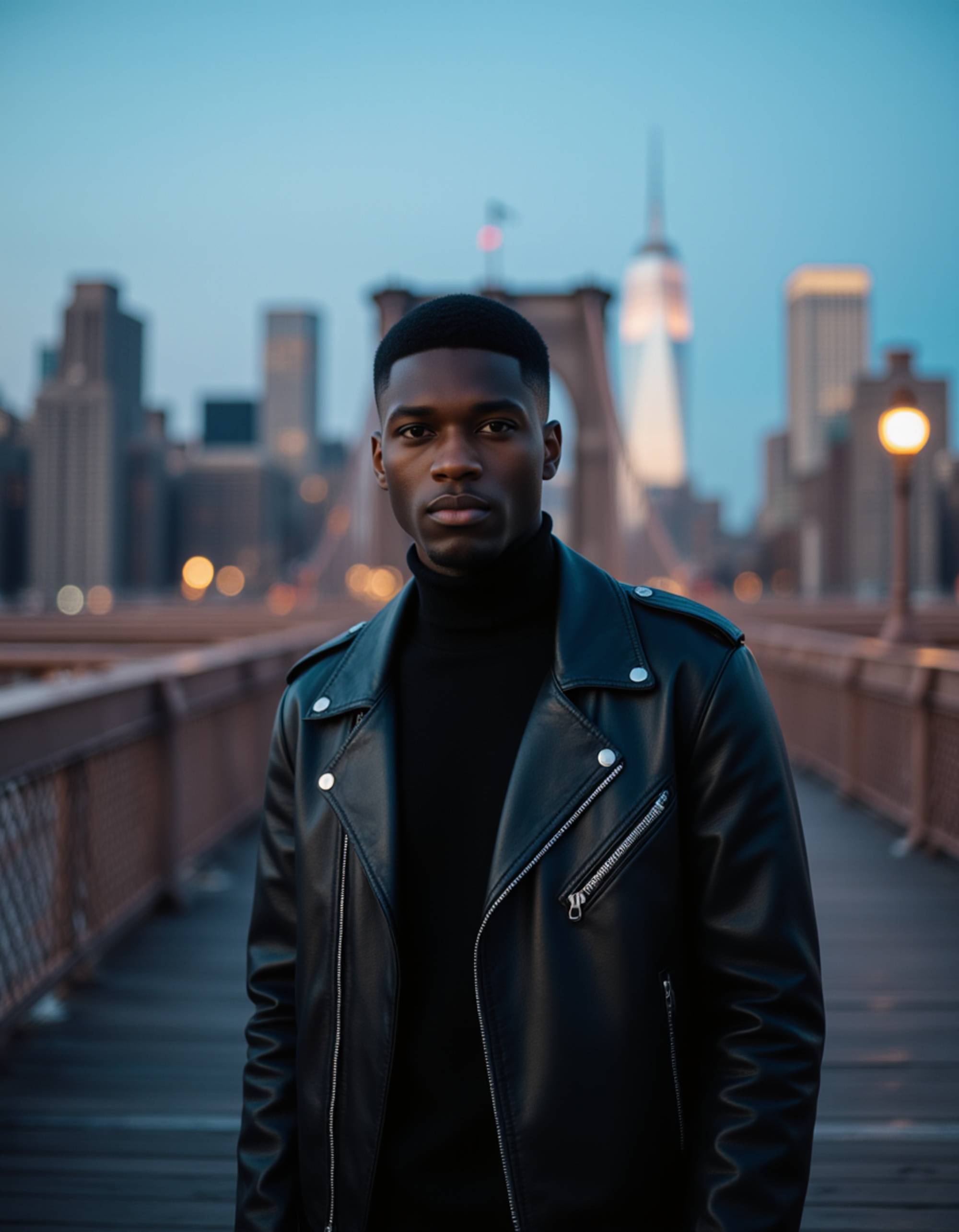 Portrait of a model on the Brooklyn Bridge in New York City at dusk, with the Manhattan skyline and illuminated skyscrapers glowing in the background. He wears a leather jacket and has an urban, confident expression. Blue hour lighting with city lights beginning to twinkle, iconic American cityscape with cinematic travel photography
