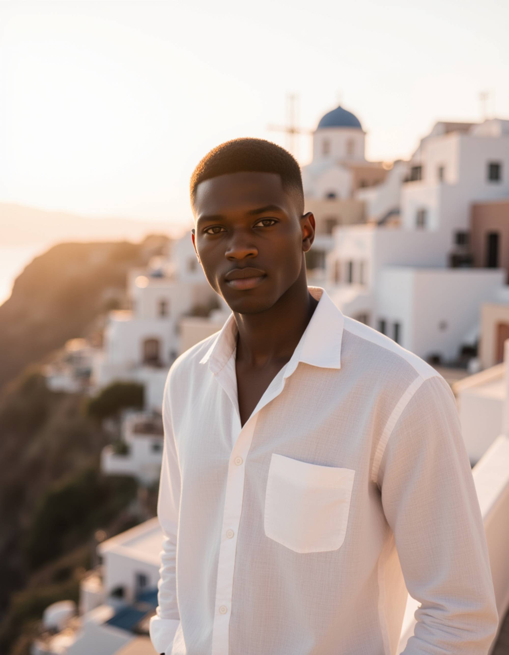 Model standing on a cliff edge in Santorini overlooking the Aegean Sea, with white-washed buildings cascading down the volcanic caldera and blue-domed churches dotting the hillside. He wears a linen shirt and has a contemplative, peaceful expression. Golden hour Mediterranean light, breathtaking Greek island vista with romantic coastal atmosphere