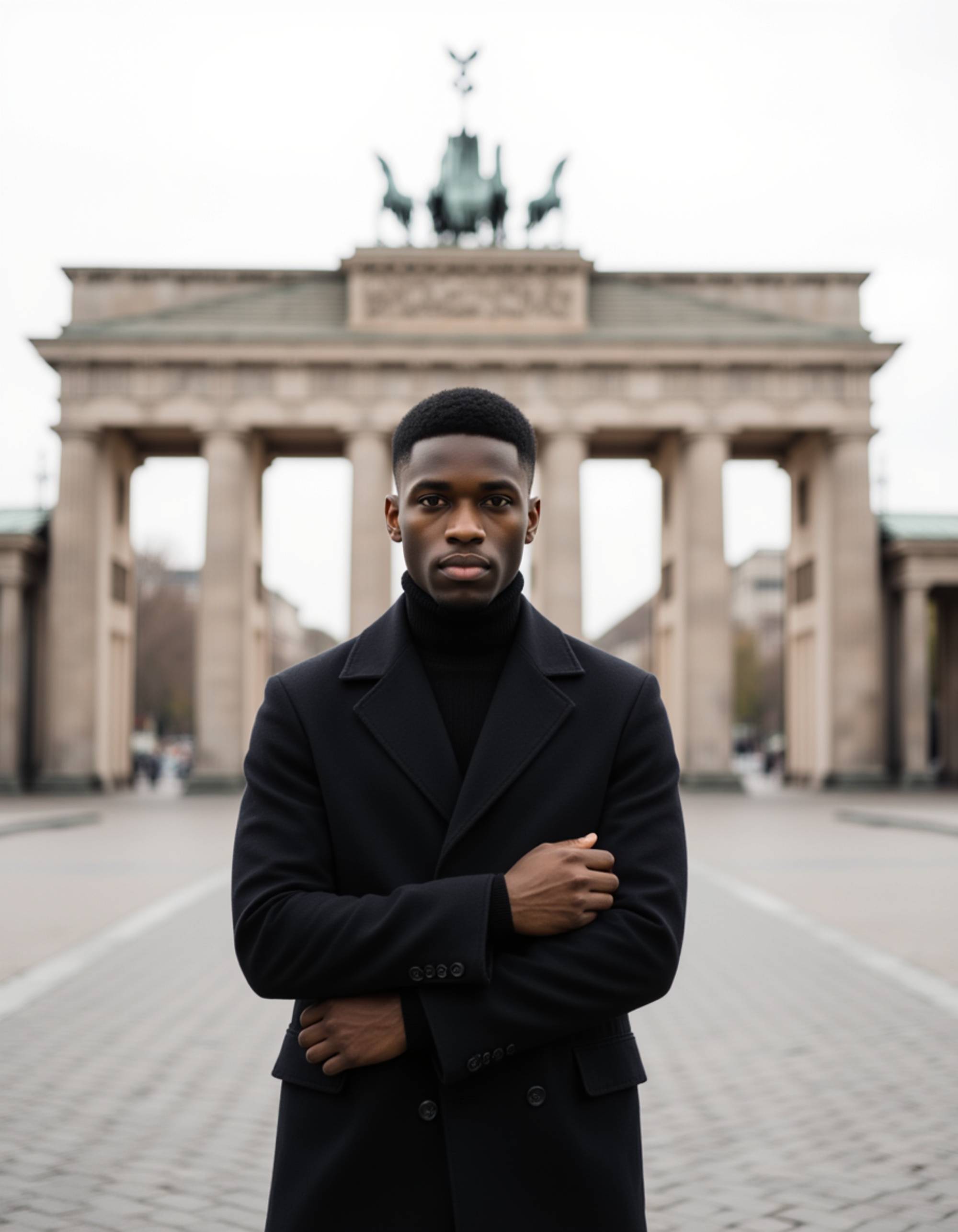 Portrait of a model in front of the Brandenburg Gate in Berlin, with the neoclassical monument's iconic columns and quadriga sculpture behind him. He wears a modern fitted coat and has a thoughtful, sophisticated expression. Soft overcast European light, historic German landmark with contemporary urban travel aesthetic