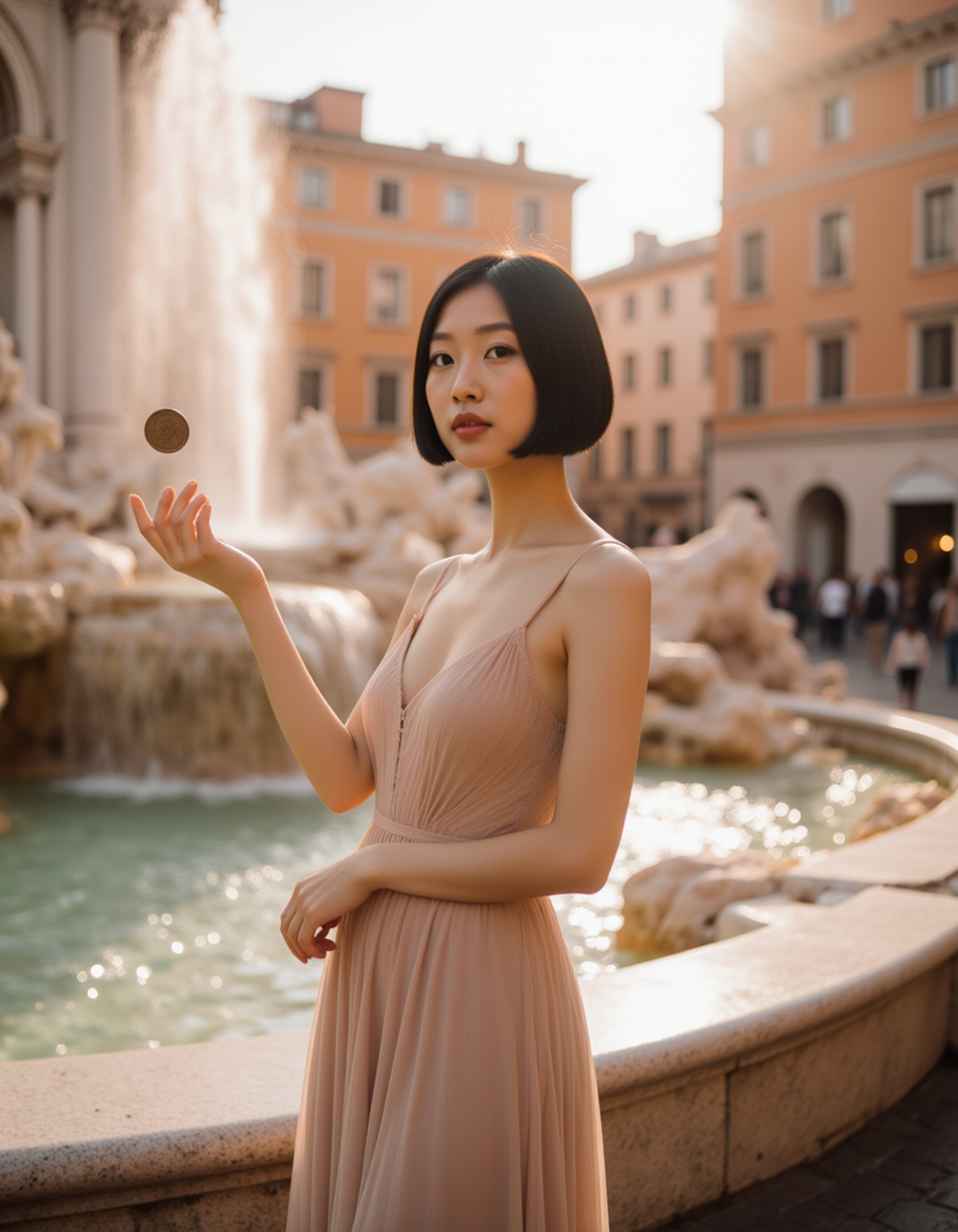 Portrait of a model standing in front of the Trevi Fountain in Rome, with the ornate Baroque sculptures and cascading water illuminated behind her. She wears an elegant evening dress and has a romantic, enchanted expression tossing a coin over her shoulder. Warm golden evening light, classic Italian landmark with dreamy travel photography aesthetic