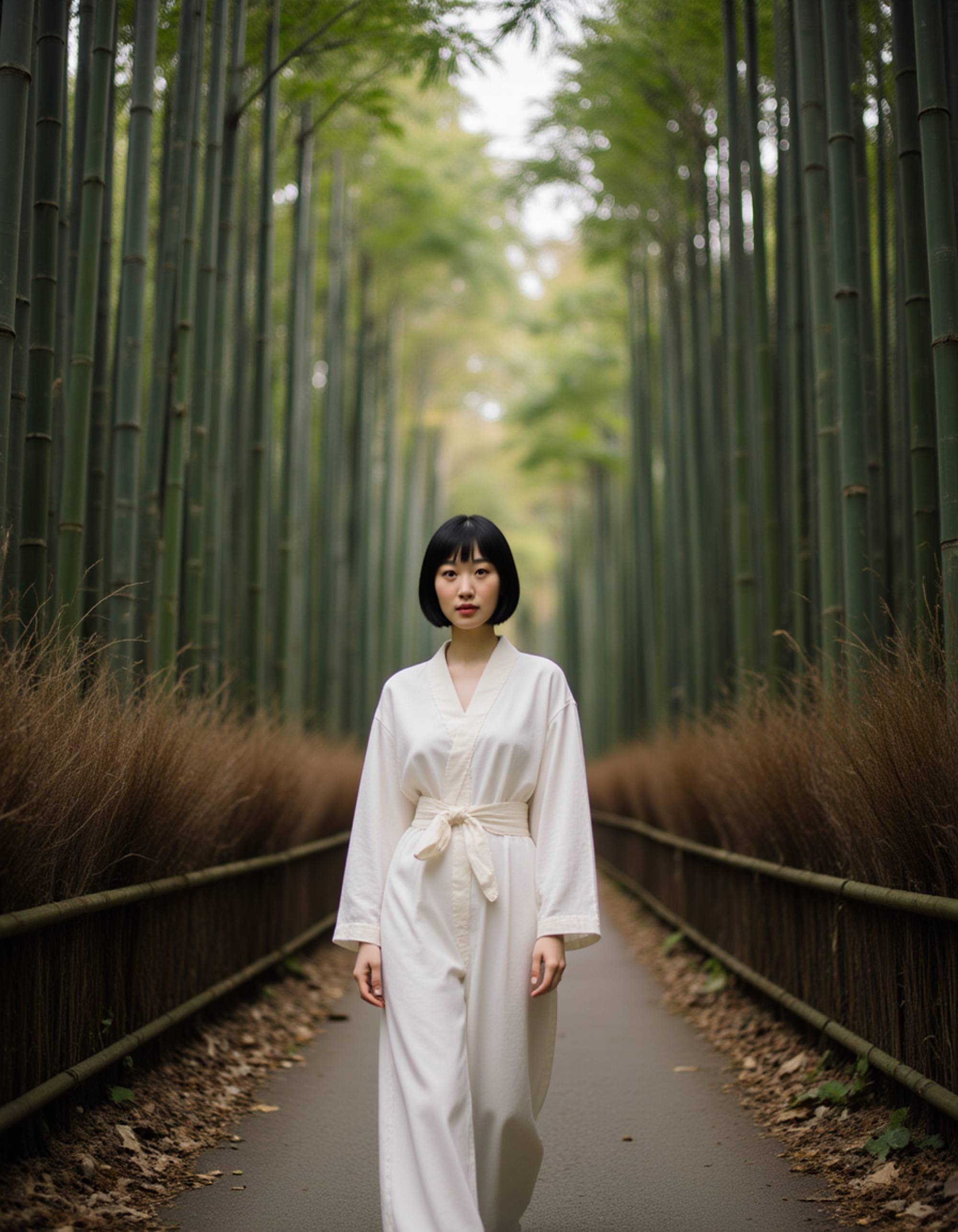 Model walking through a bamboo forest in Arashiyama, Kyoto, with towering green bamboo stalks creating natural columns around her. She wears a flowing kimono-inspired outfit and has a serene, meditative expression. Soft filtered natural light through the canopy, tranquil Japanese nature atmosphere with cultural elegance