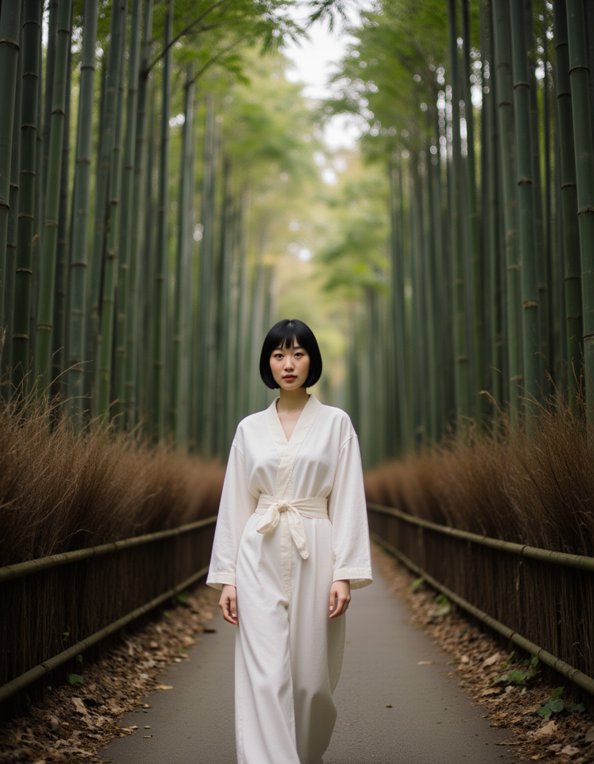 Model walking through a bamboo forest in Arashiyama, Kyoto, with towering green bamboo stalks creating natural columns around her. She wears a flowing kimono-inspired outfit and has a serene, meditative expression. Soft filtered natural light through the canopy, tranquil Japanese nature atmosphere with cultural elegance