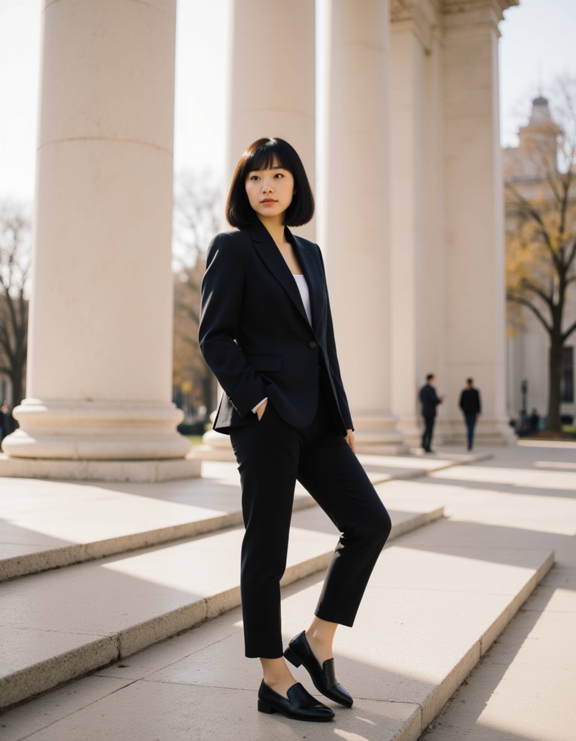 Portrait of a model on the steps of the Met Museum in New York City, with the grand neoclassical columns and urban Central Park backdrop behind her. She wears a chic designer outfit and has a confident, sophisticated expression. Bright afternoon sunlight, iconic American cultural landmark with metropolitan fashion-forward aesthetic