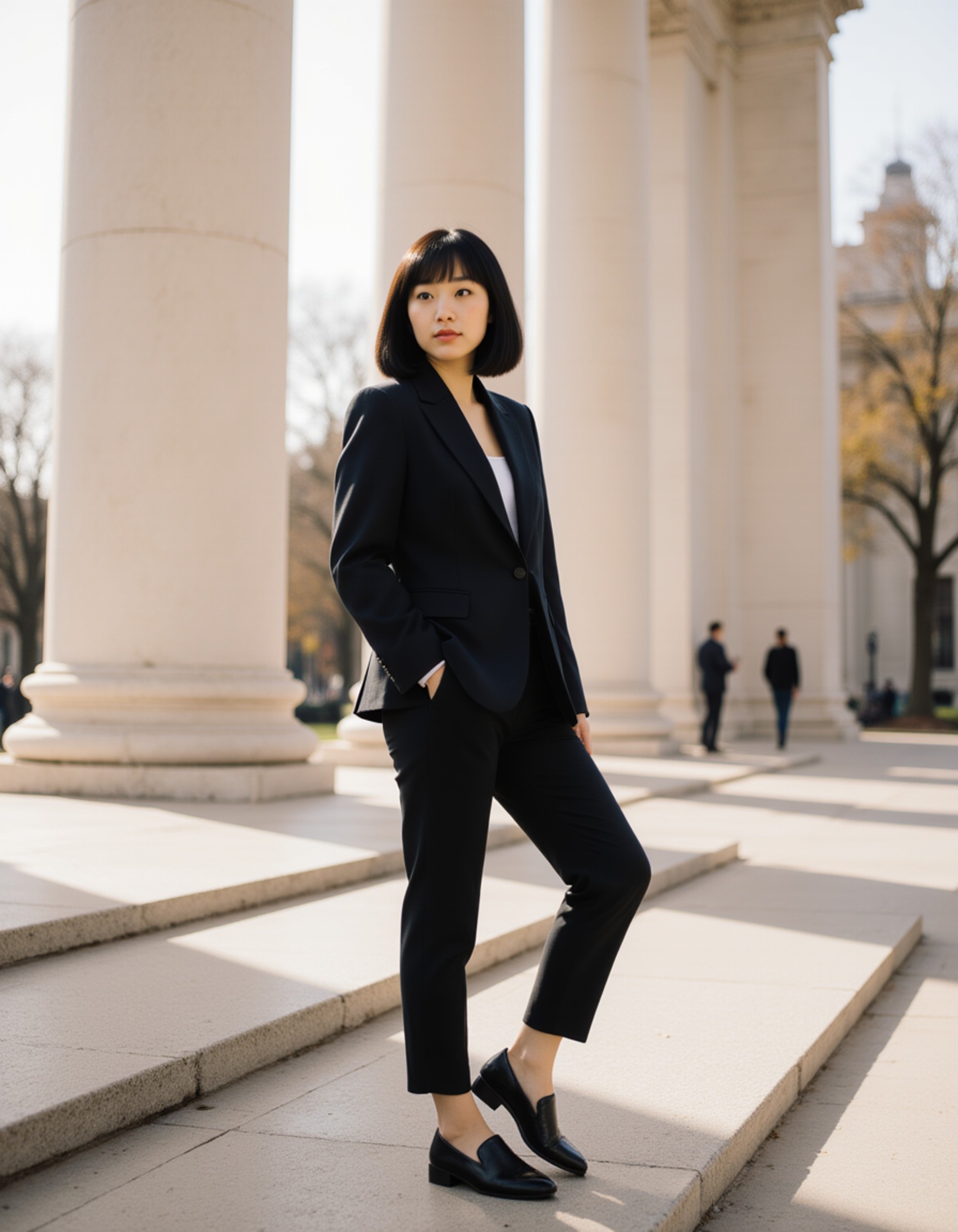 Portrait of a model on the steps of the Met Museum in New York City, with the grand neoclassical columns and urban Central Park backdrop behind her. She wears a chic designer outfit and has a confident, sophisticated expression. Bright afternoon sunlight, iconic American cultural landmark with metropolitan fashion-forward aesthetic