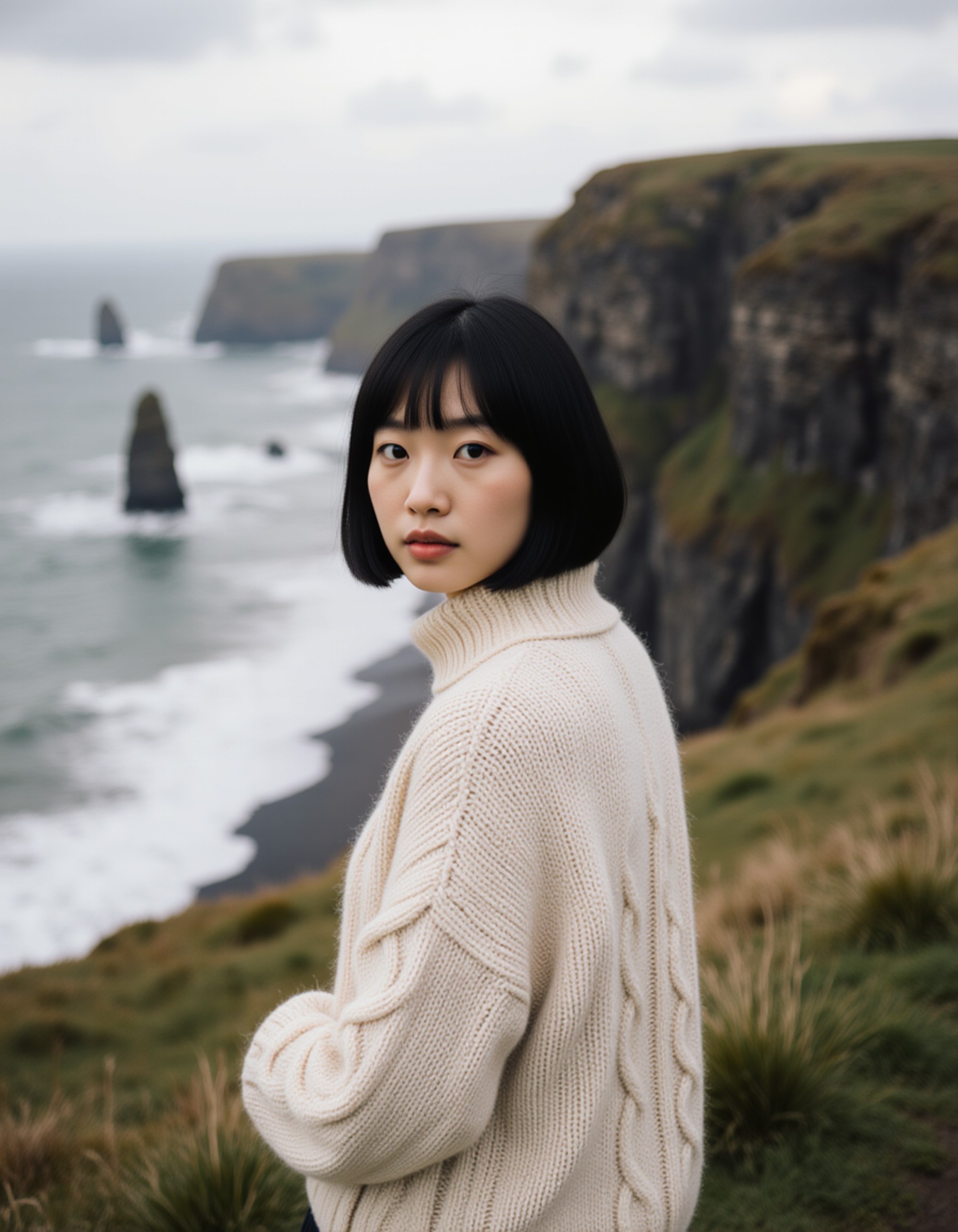 Model standing at the edge of the Cliffs of Moher in Ireland, with dramatic vertical rock faces plunging into the wild Atlantic Ocean and rolling green hills in the distance. She wears a cozy cable-knit sweater and has windswept hair with an adventurous, exhilarated expression. Moody overcast Celtic light, rugged Irish coastal landscape with epic natural beauty
