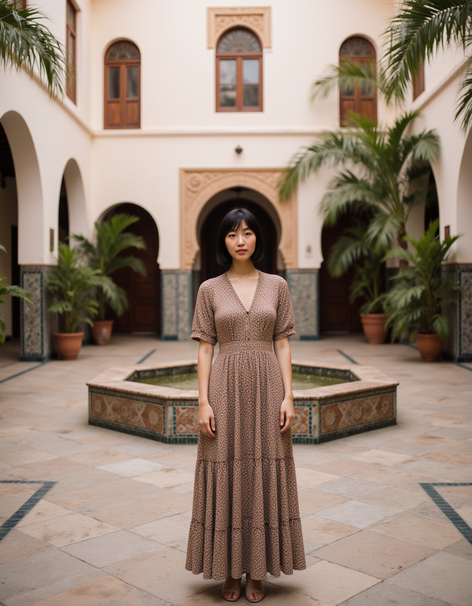 Portrait of a model in a traditional riad courtyard in Fes, Morocco, with intricate zellige tile work, carved wooden doors, and a central fountain surrounded by lush plants. She wears a elegant caftan-inspired dress and has a graceful, curious expression. Dappled courtyard light filtering through, authentic Moroccan architectural atmosphere with exotic cultural richness